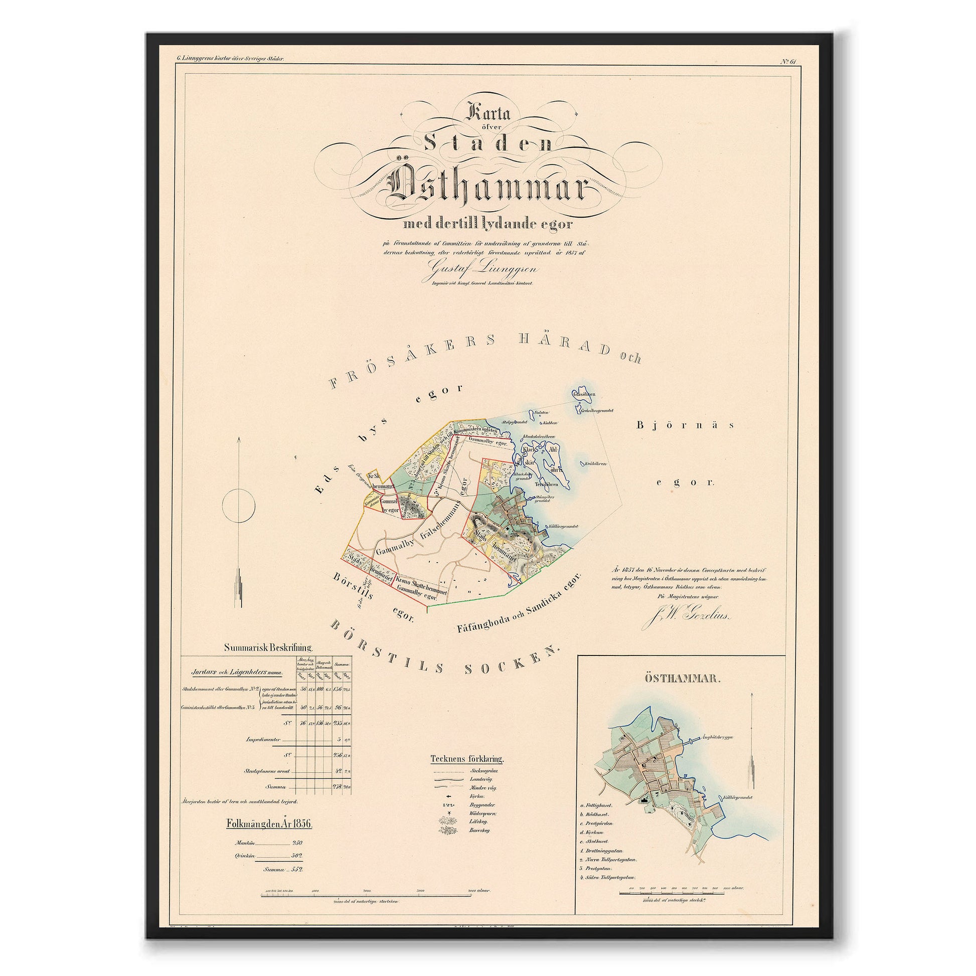 Poster med reproduktion av historisk karta över Östhammar från Ljunggrens klassiska atlas.
