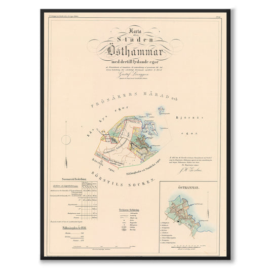 Poster med reproduktion av historisk karta över Östhammar från Ljunggrens klassiska atlas.