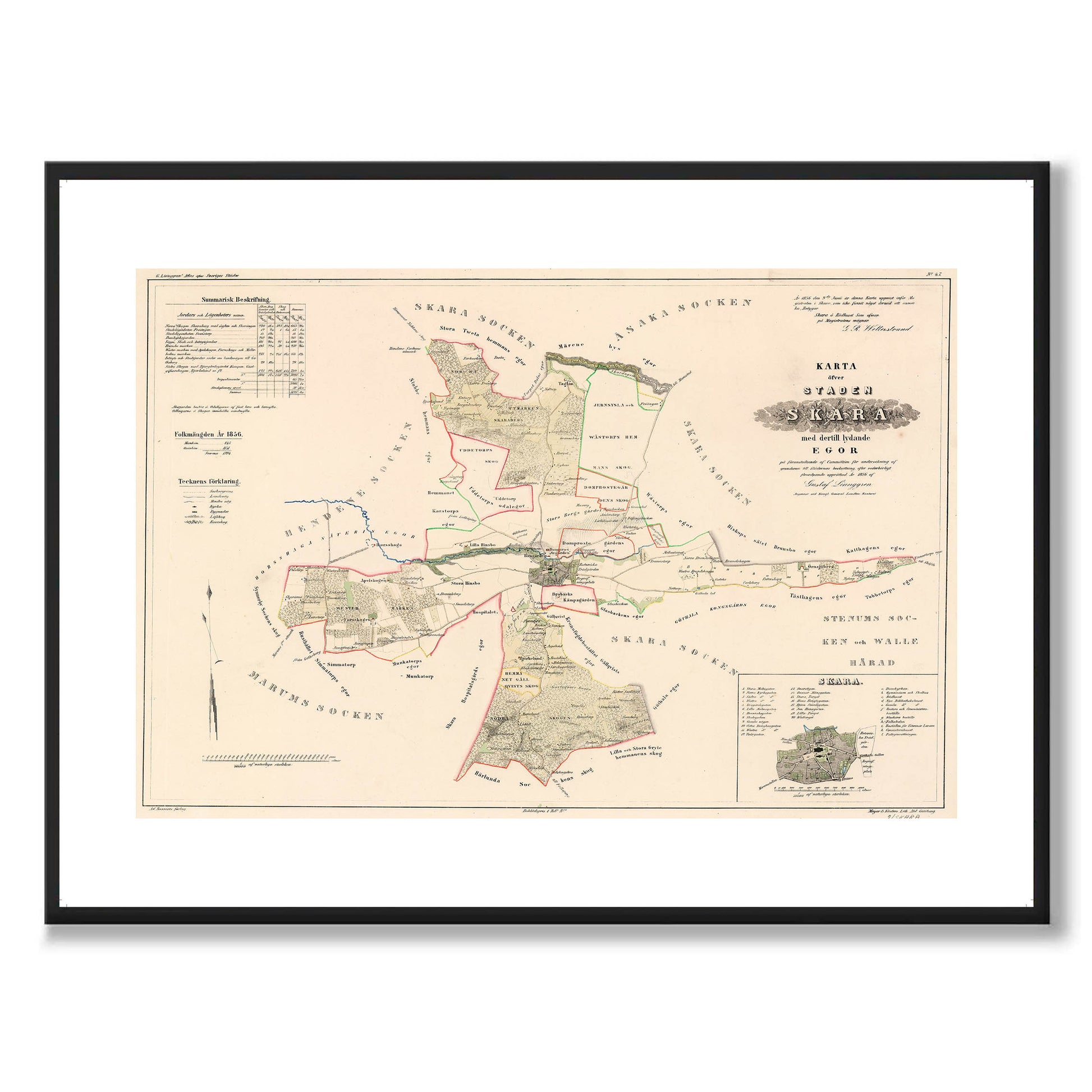 Poster med reproduktion av historisk karta över Skara från Ljunggrens klassiska atlas.