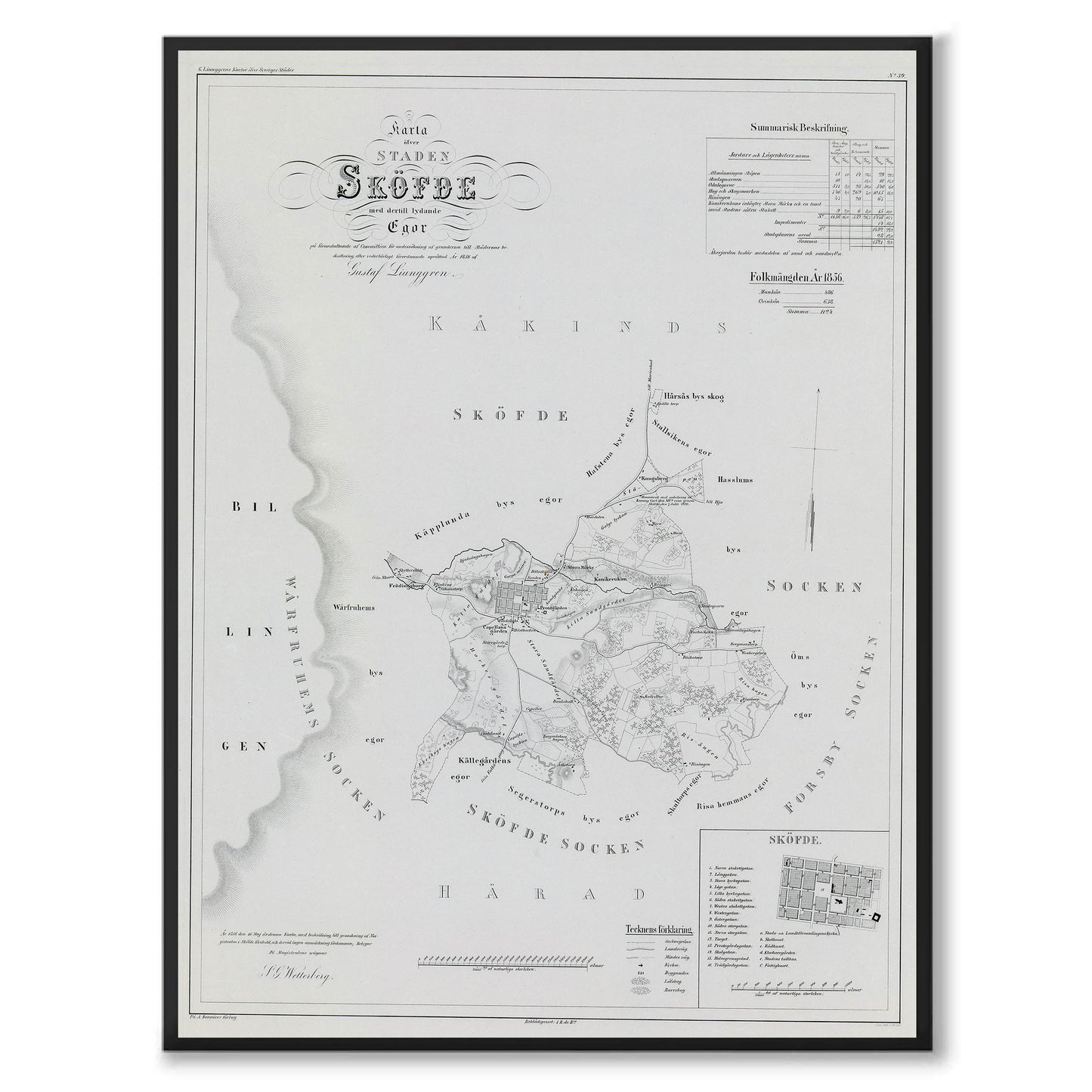 Poster med reproduktion av historisk karta över Skövde från Ljunggrens klassiska atlas.