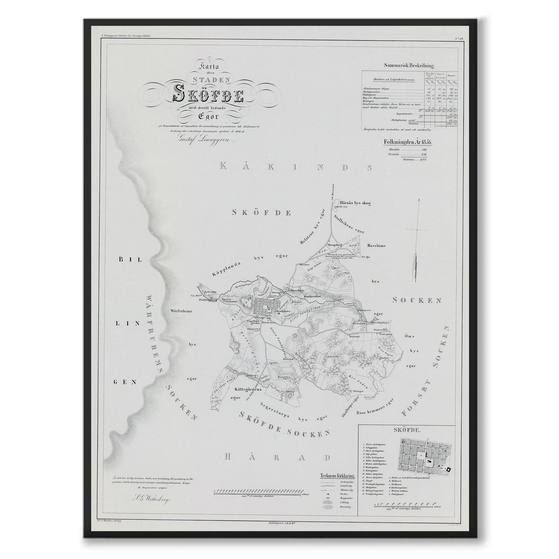 Poster med reproduktion av historisk karta över Skövde från Ljunggrens klassiska atlas.