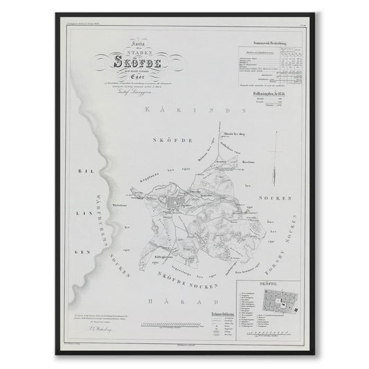 Poster med reproduktion av historisk karta över Skövde från Ljunggrens klassiska atlas.