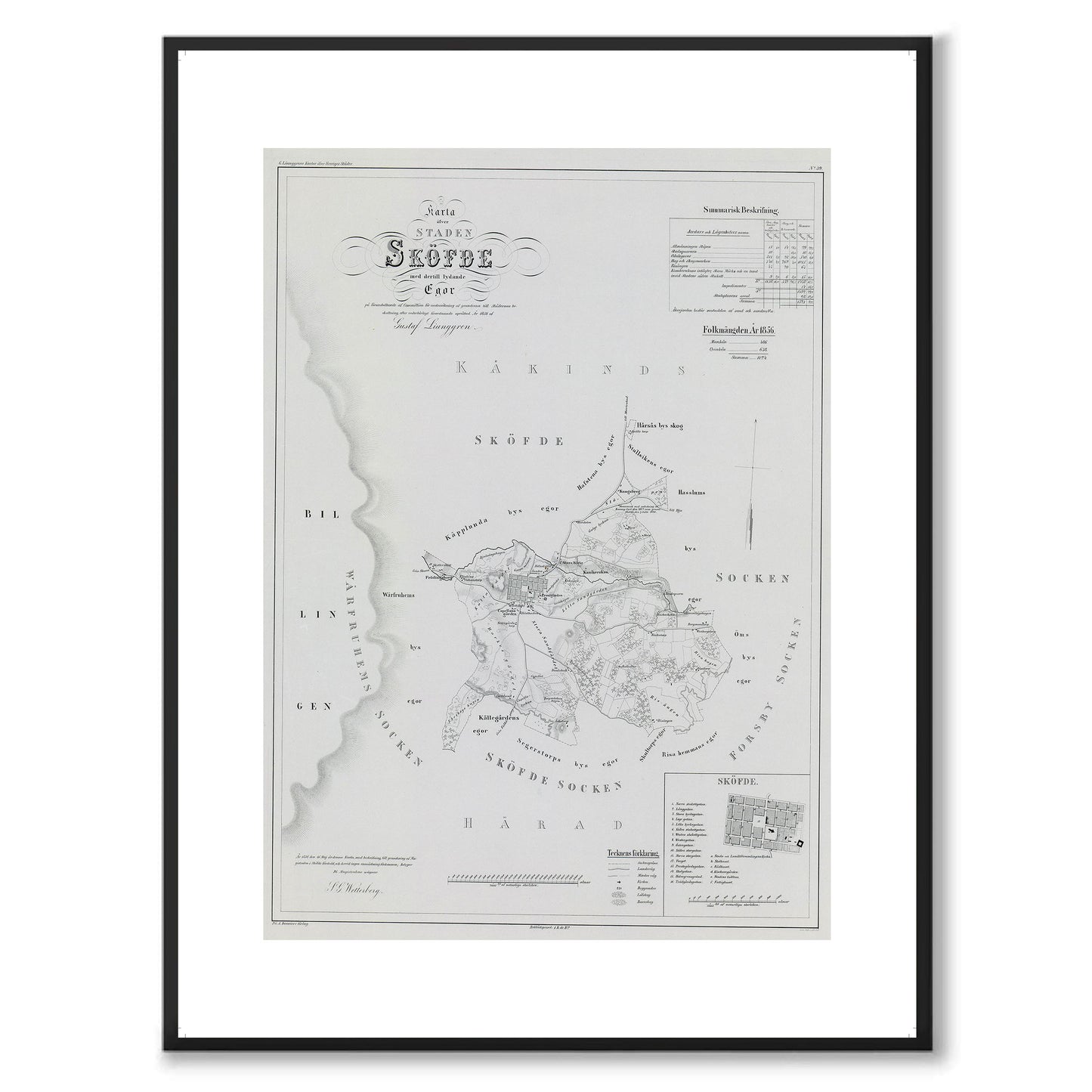 Poster med reproduktion av historisk karta över Skövde från Ljunggrens klassiska atlas.