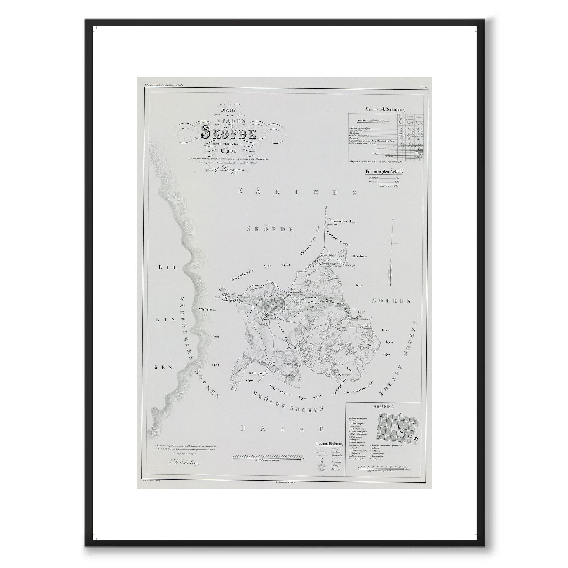 Poster med reproduktion av historisk karta över Skövde från Ljunggrens klassiska atlas.
