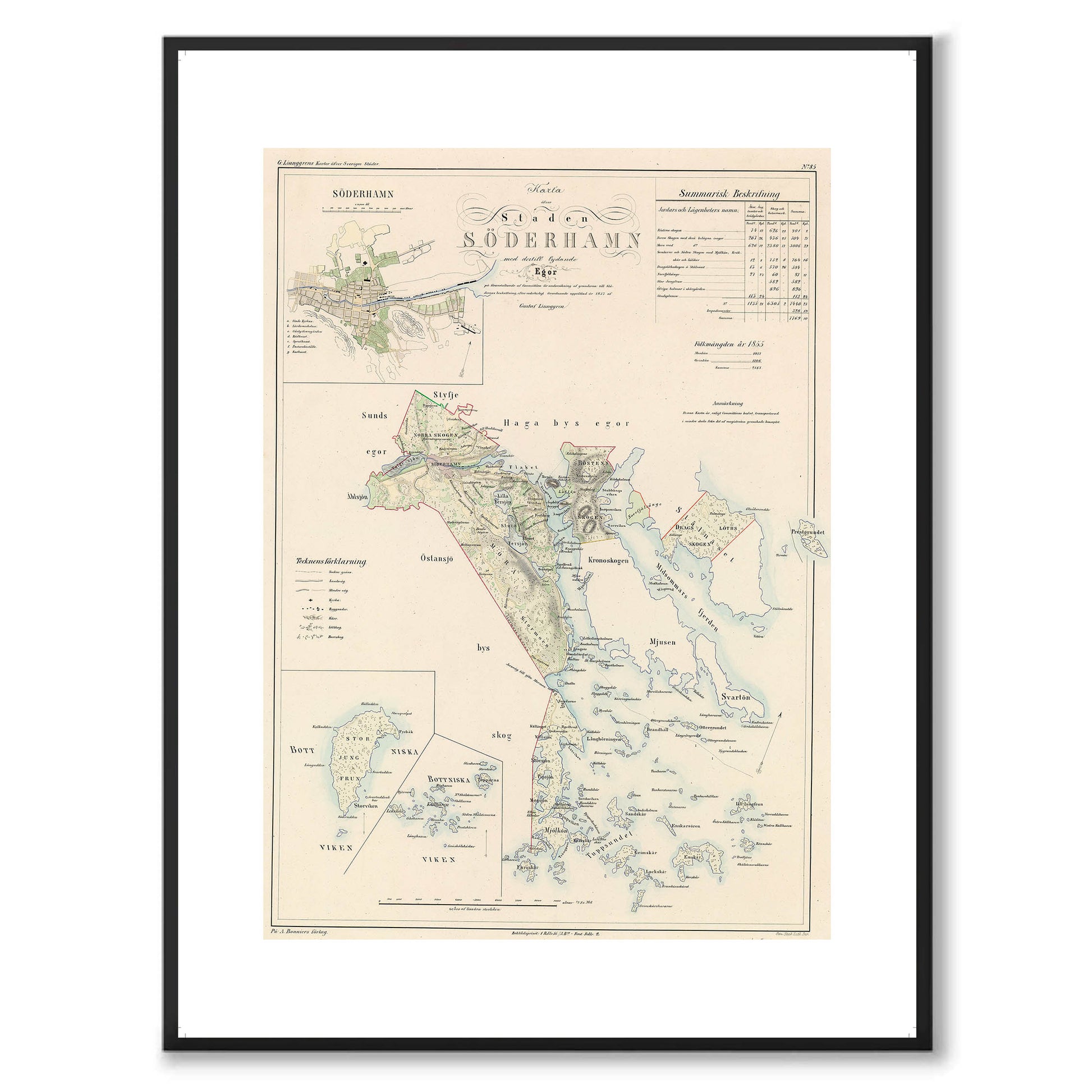 Poster med reproduktion av historisk karta över Söderhamn från Ljunggrens klassiska atlas.
