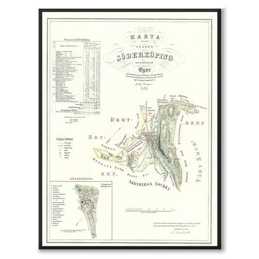 Poster med reproduktion av historisk karta över Söderköping från Ljunggrens klassiska atlas.