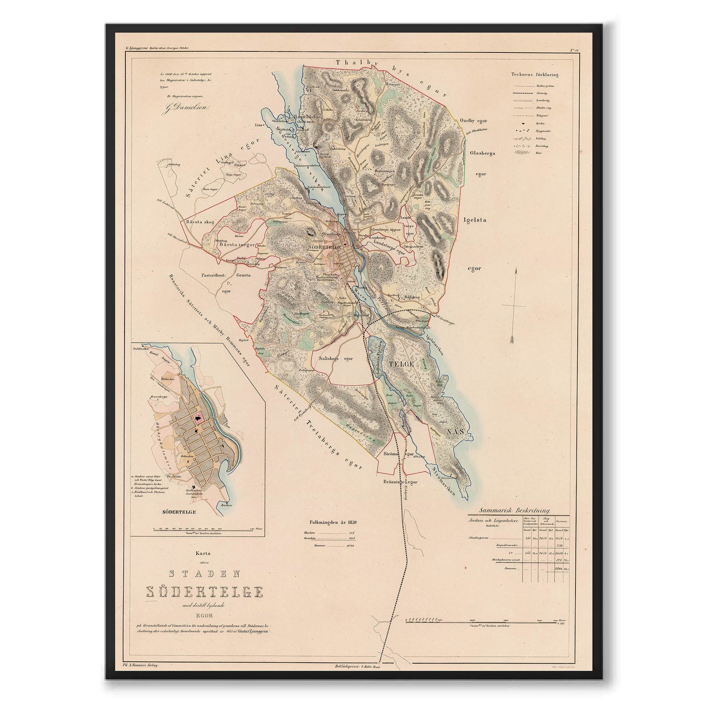 Poster med reproduktion av historisk karta över Södertälje från Ljunggrens klassiska atlas.