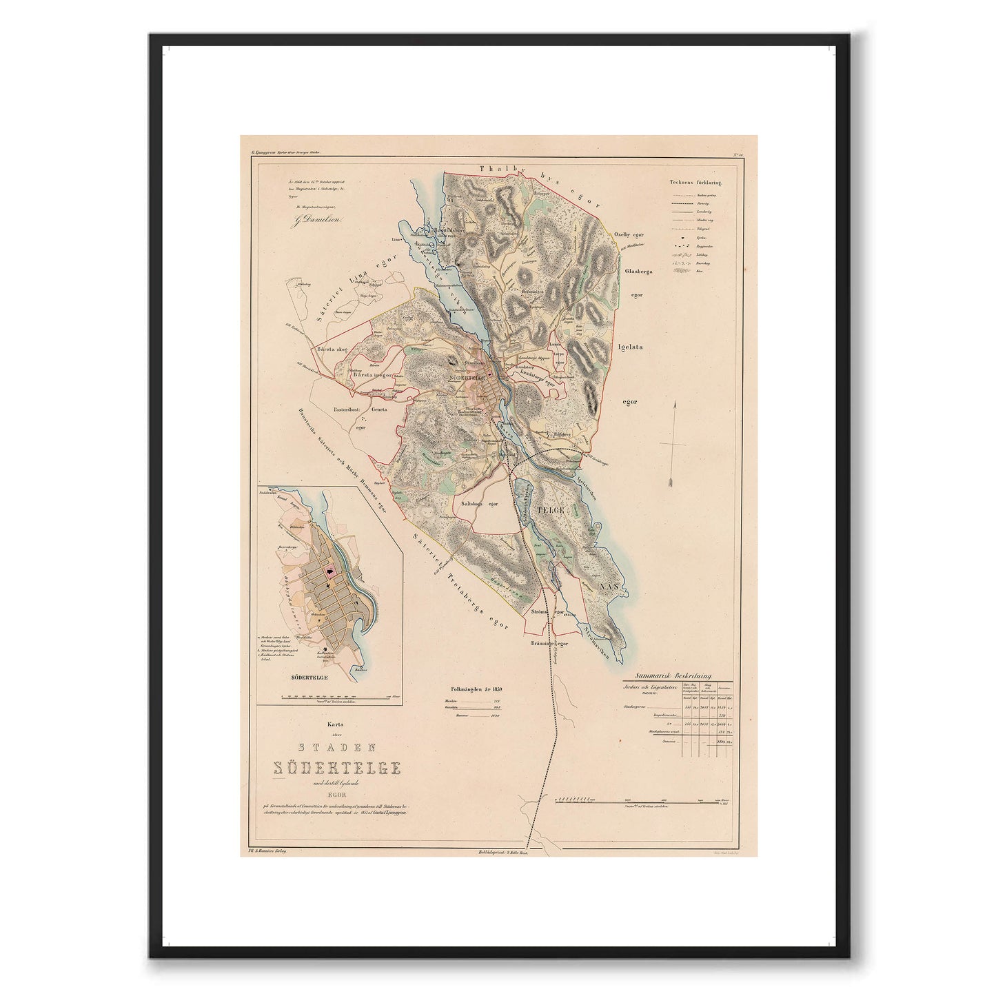 Poster med reproduktion av historisk karta över Södertälje från Ljunggrens klassiska atlas.