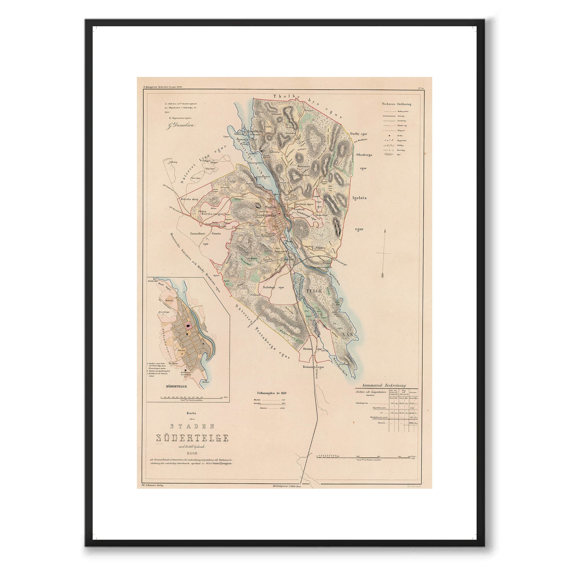 Poster med reproduktion av historisk karta över Södertälje från Ljunggrens klassiska atlas.