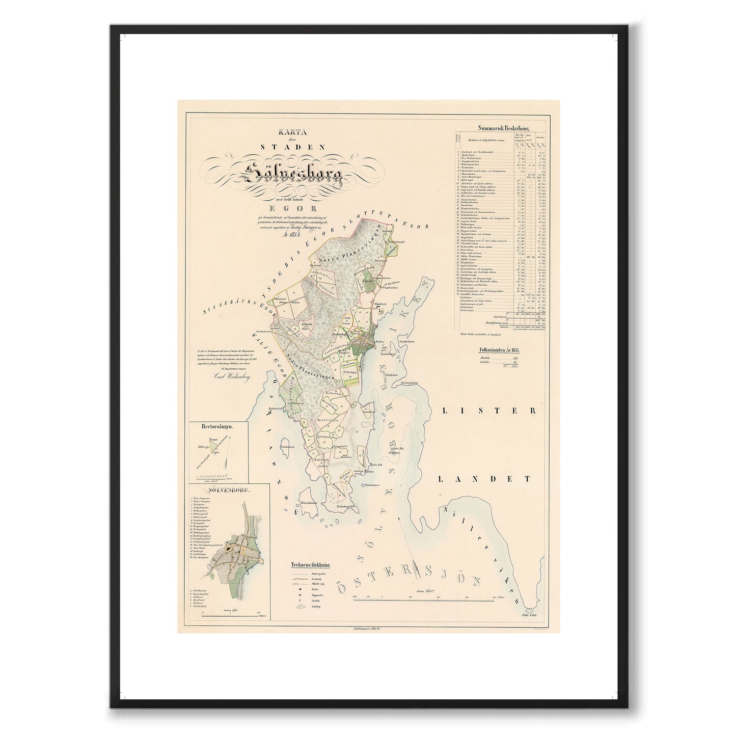Poster med reproduktion av historisk karta över Sölvesborg från Ljunggrens klassiska atlas.