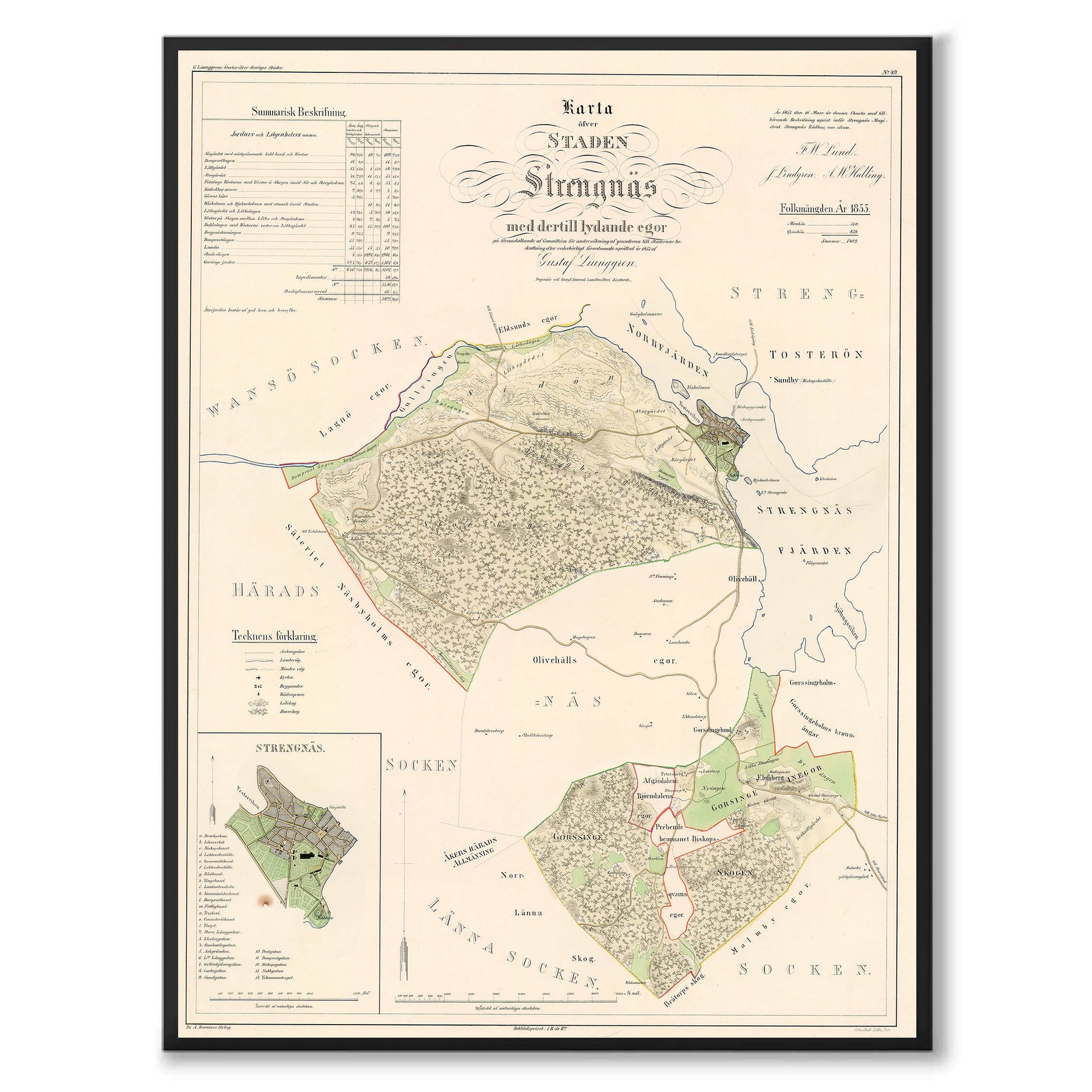 Poster med reproduktion av historisk karta över Strängnäs från Ljunggrens klassiska atlas.