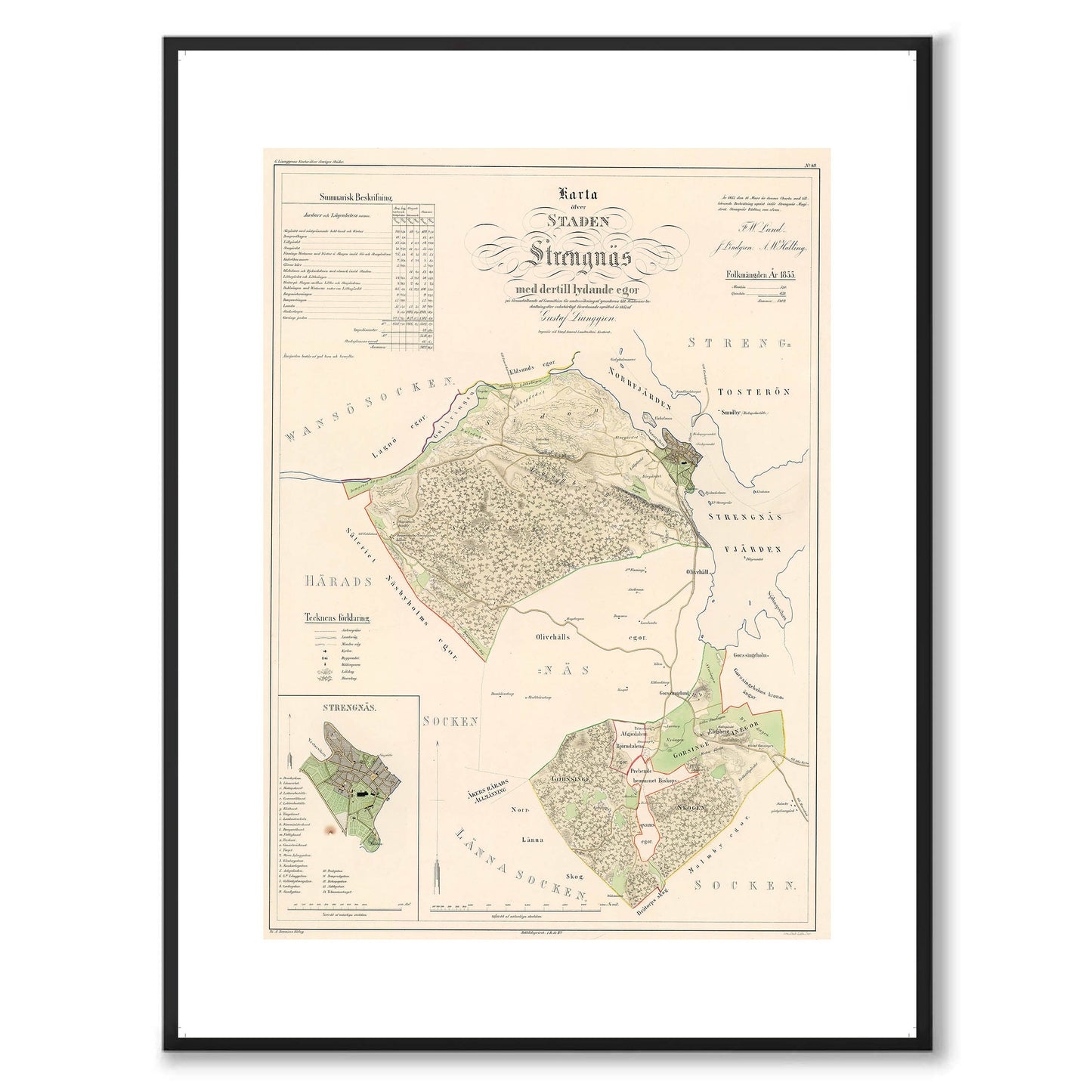Poster med reproduktion av historisk karta över Strängnäs från Ljunggrens klassiska atlas.