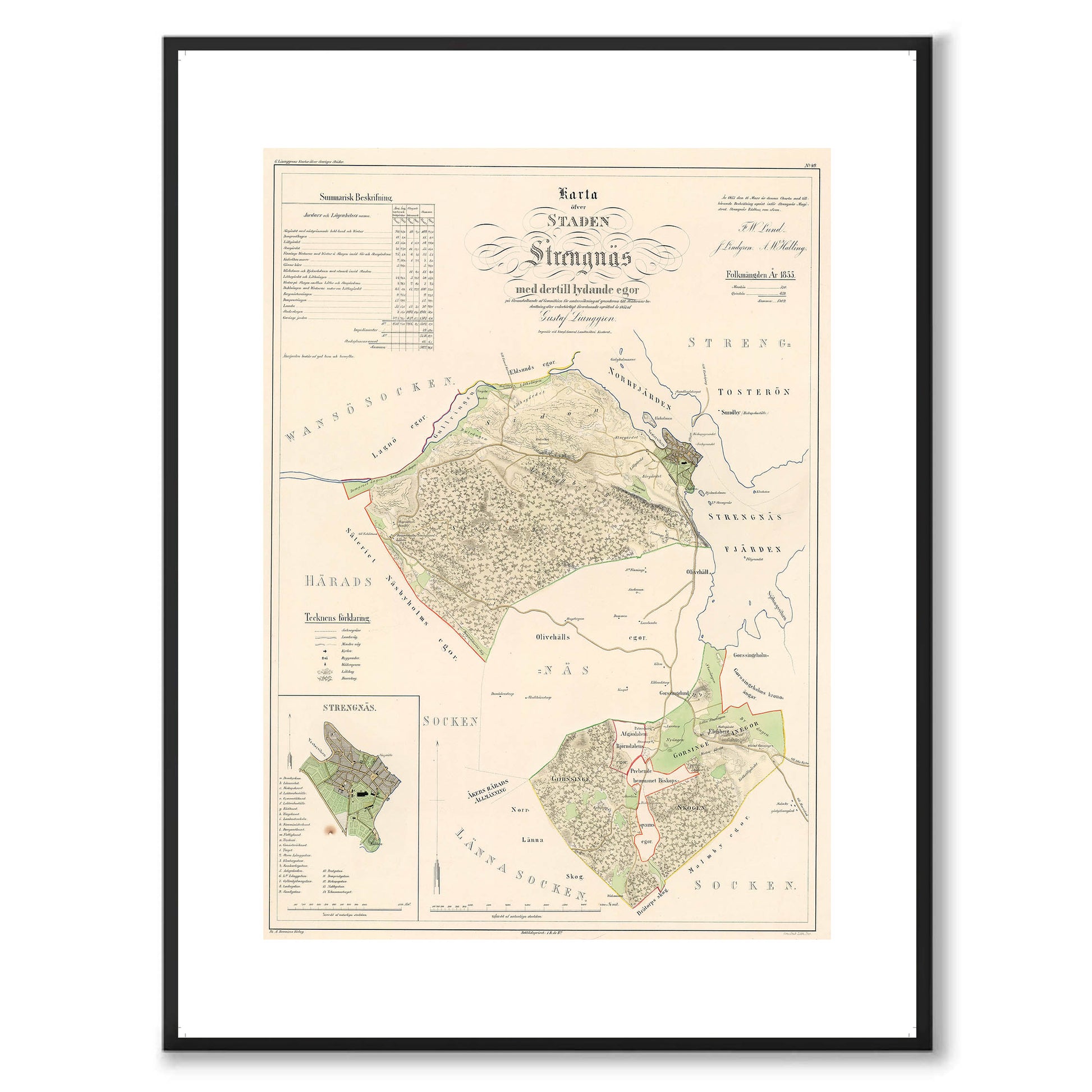 Poster med reproduktion av historisk karta över Strängnäs från Ljunggrens klassiska atlas.