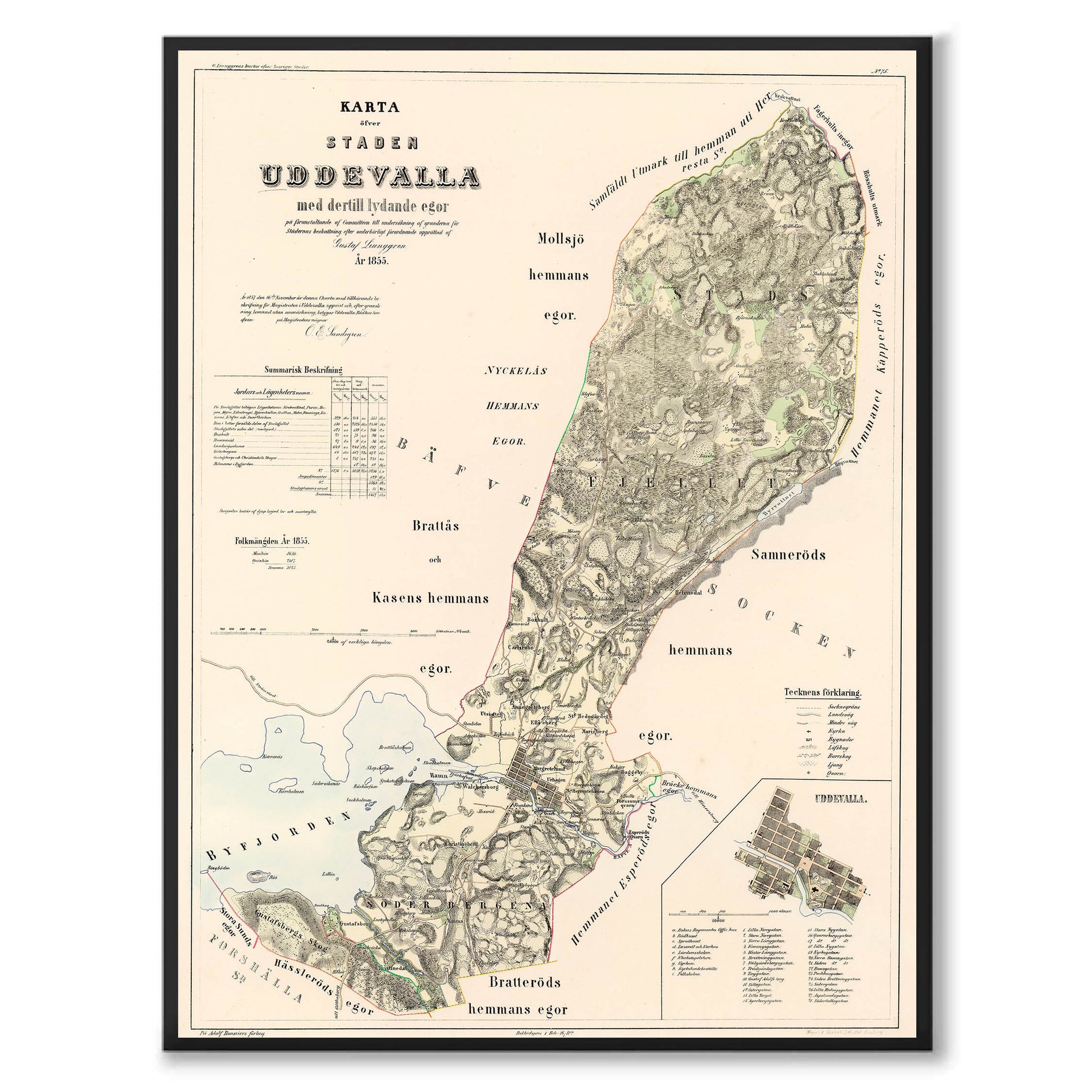 Poster med reproduktion av historisk karta över Uddevalla från Ljunggrens klassiska atlas.