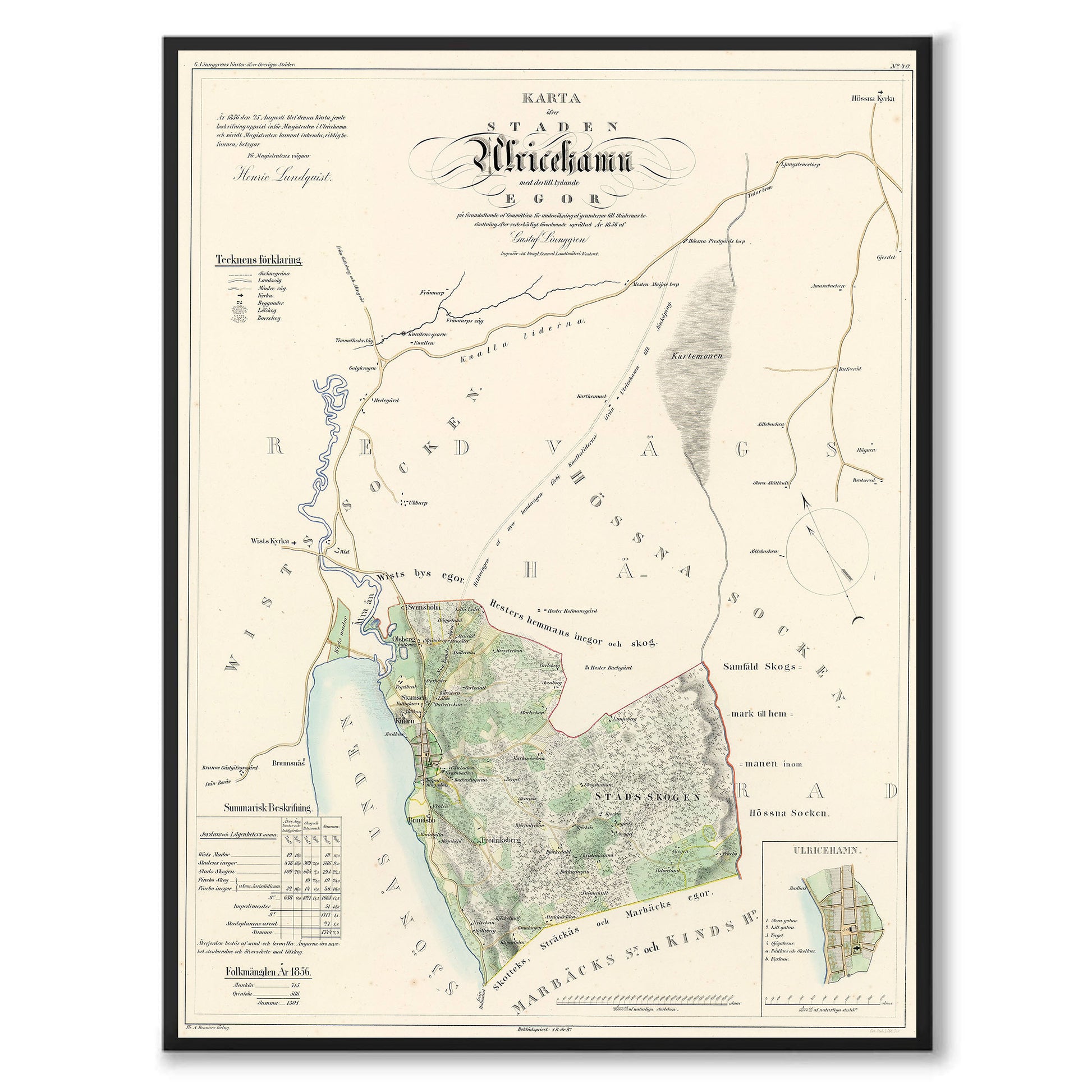 Poster med reproduktion av historisk karta över Ulricehamn från Ljunggrens klassiska atlas.