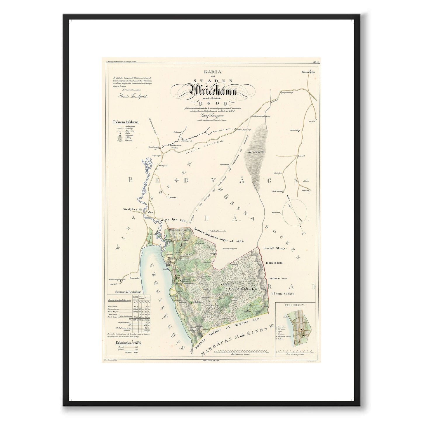 Poster med reproduktion av historisk karta över Ulricehamn från Ljunggrens klassiska atlas.