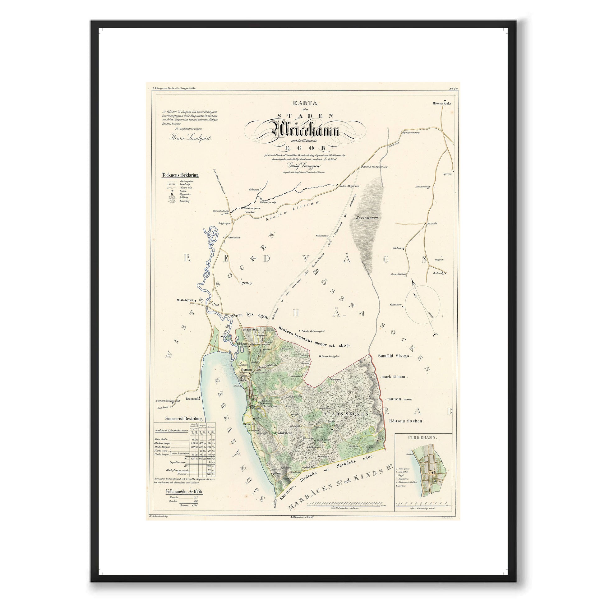 Poster med reproduktion av historisk karta över Ulricehamn från Ljunggrens klassiska atlas.