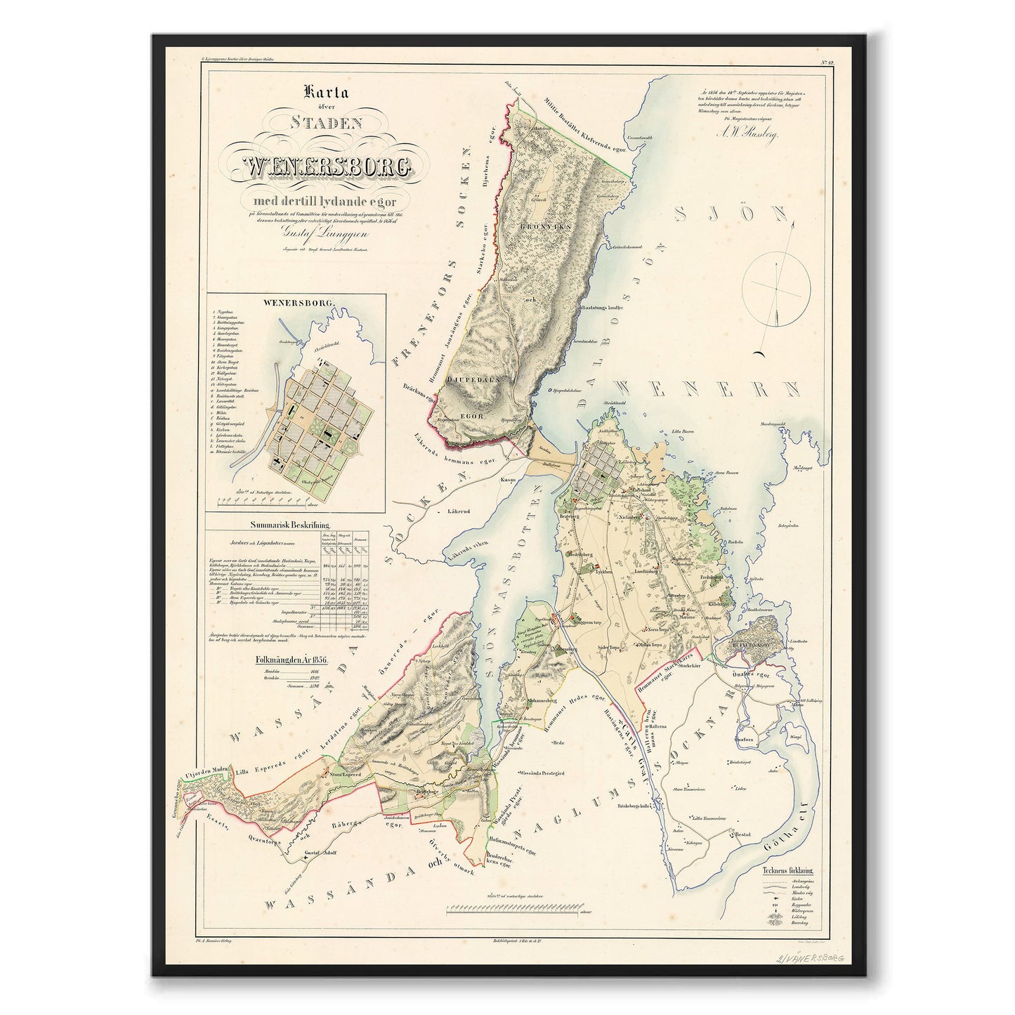 Poster med reproduktion av historisk karta över Vänersborg från Ljunggrens klassiska atlas.
