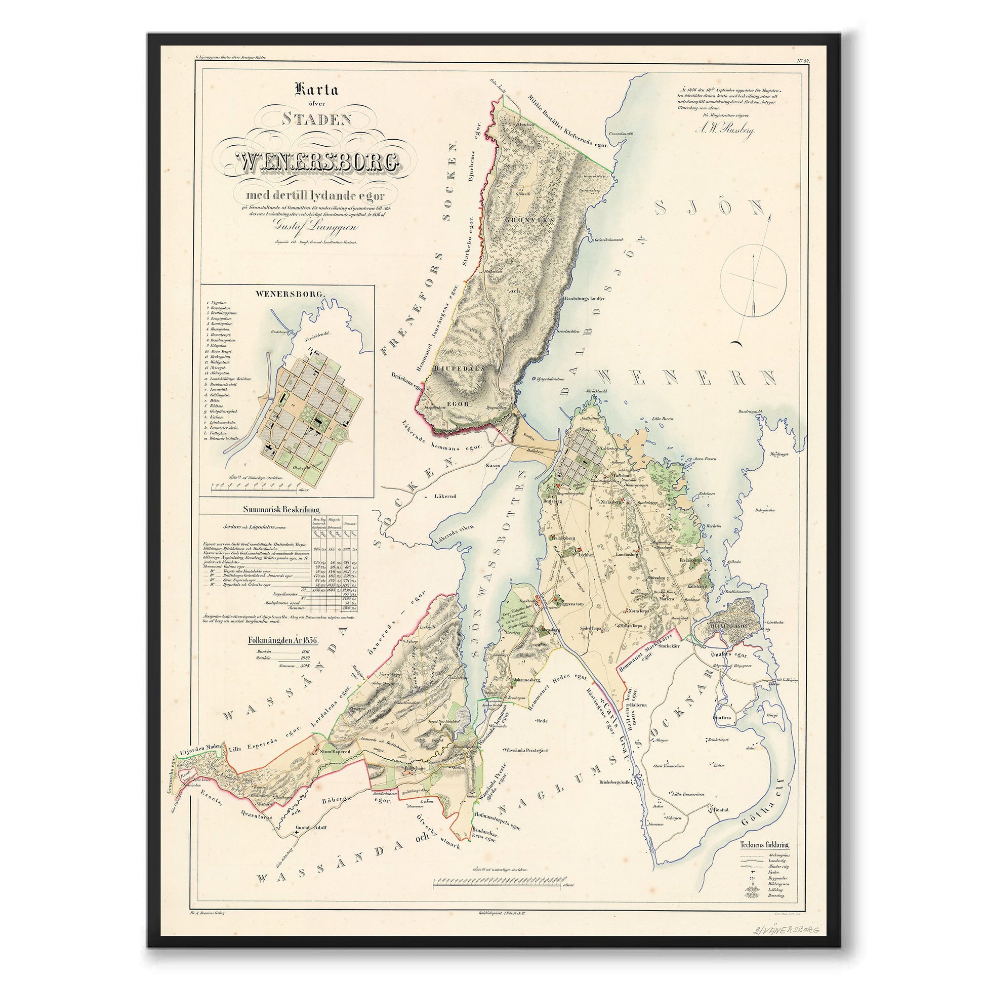 Poster med reproduktion av historisk karta över Vänersborg från Ljunggrens klassiska atlas.