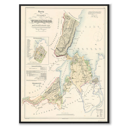 Poster med reproduktion av historisk karta över Vänersborg från Ljunggrens klassiska atlas.