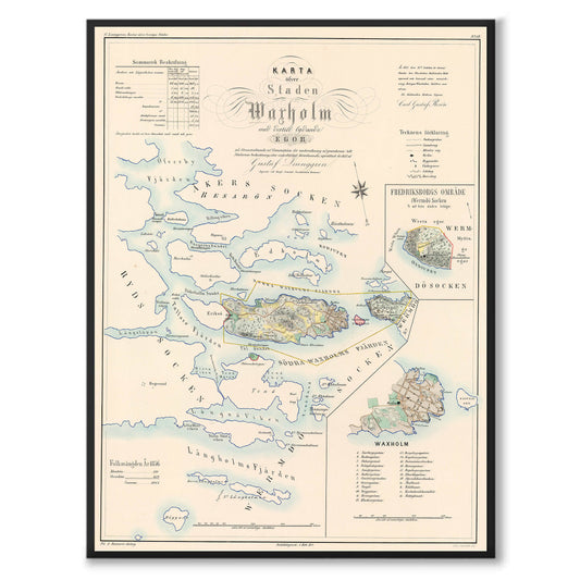 Poster med reproduktion av historisk karta över Vaxholm från Ljunggrens klassiska atlas.