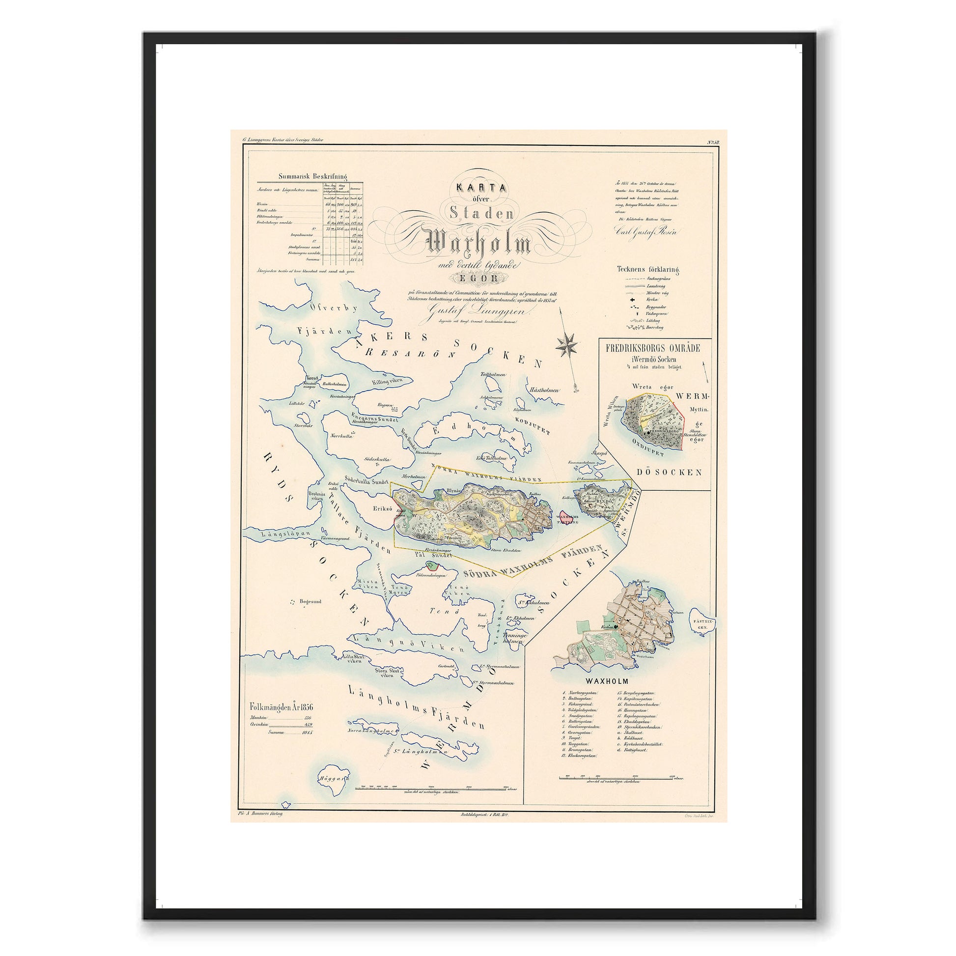 Poster med reproduktion av historisk karta över Vaxholm från Ljunggrens klassiska atlas.