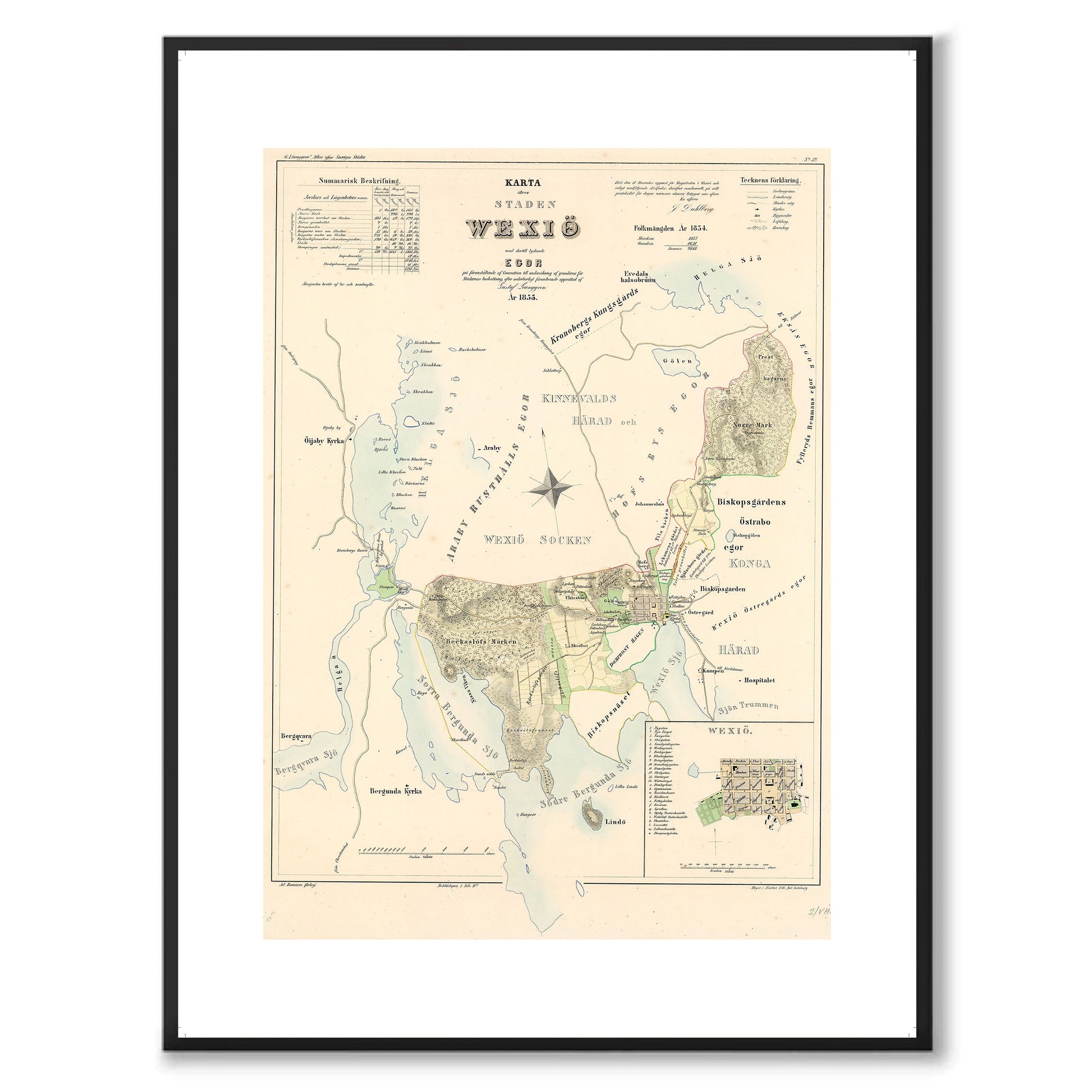 Poster med reproduktion av historisk karta över Växsjö från Ljunggrens klassiska atlas.