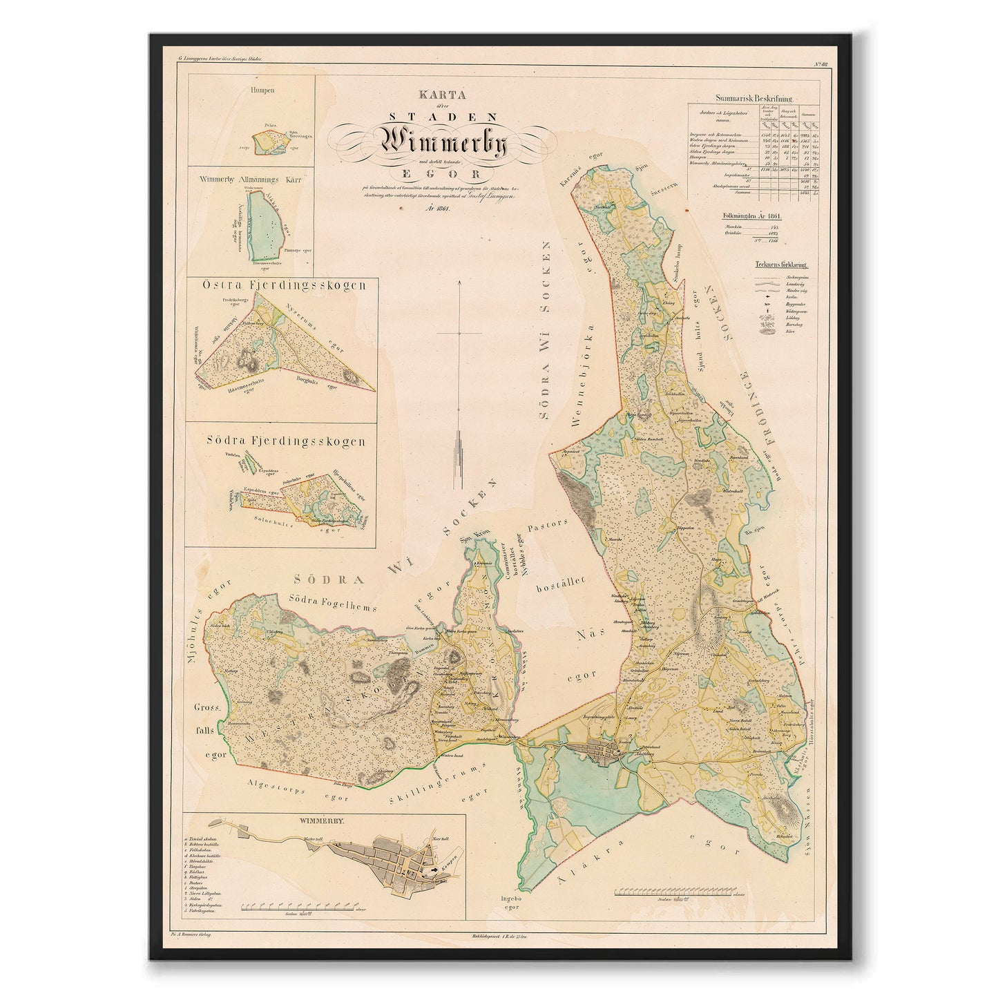 Poster med reproduktion av historisk karta över Vimmerby från Ljunggrens klassiska atlas.
