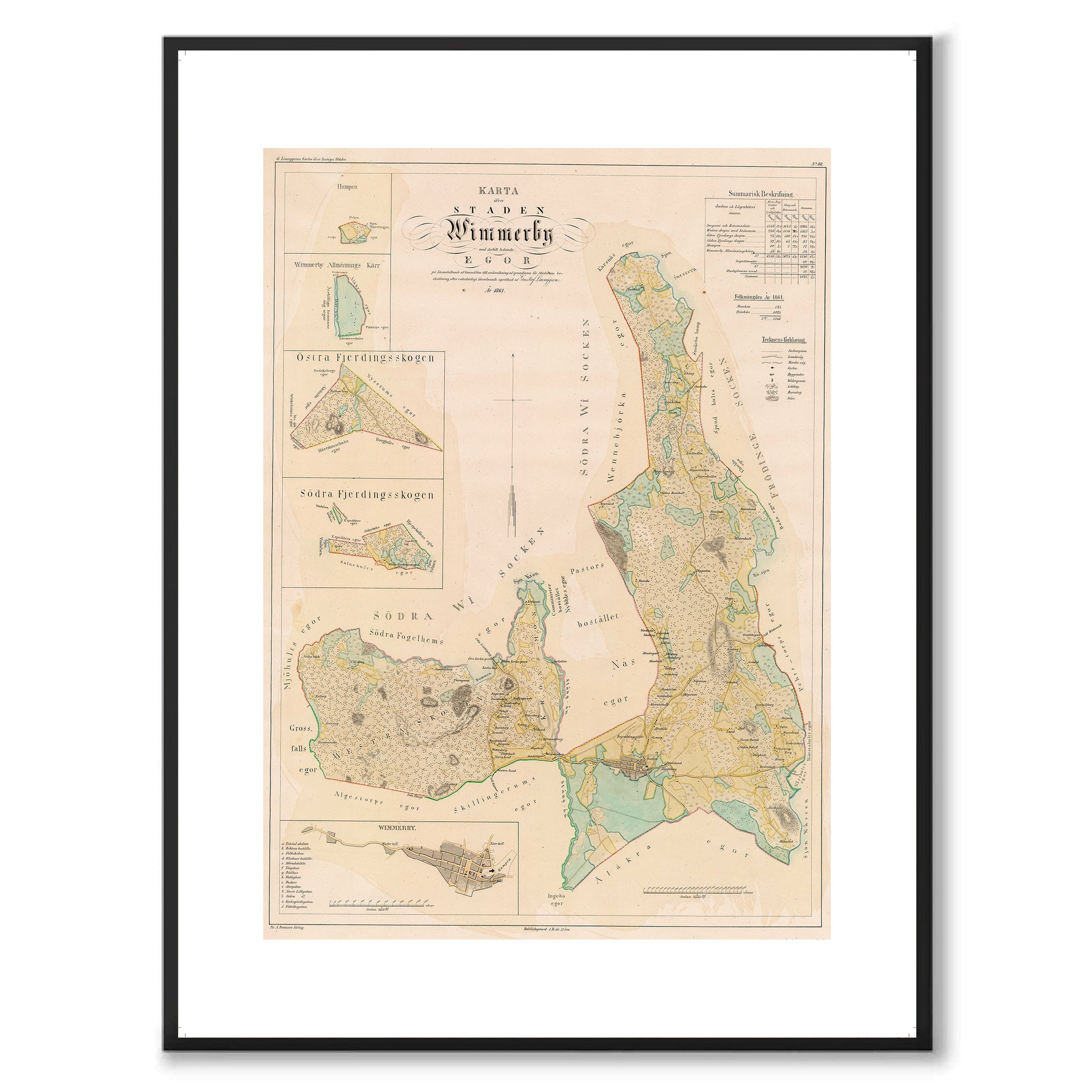 Poster med reproduktion av historisk karta över Vimmerby från Ljunggrens klassiska atlas.