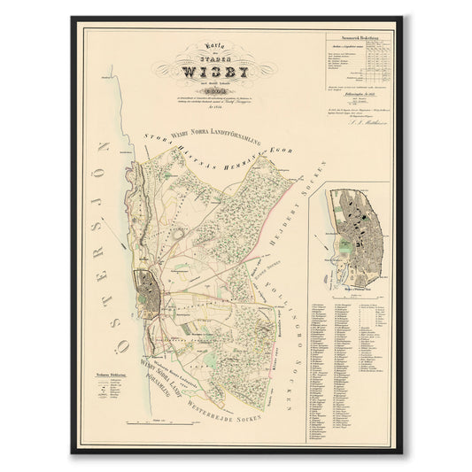 Poster med reproduktion av historisk karta över Visby från Ljunggrens klassiska atlas.