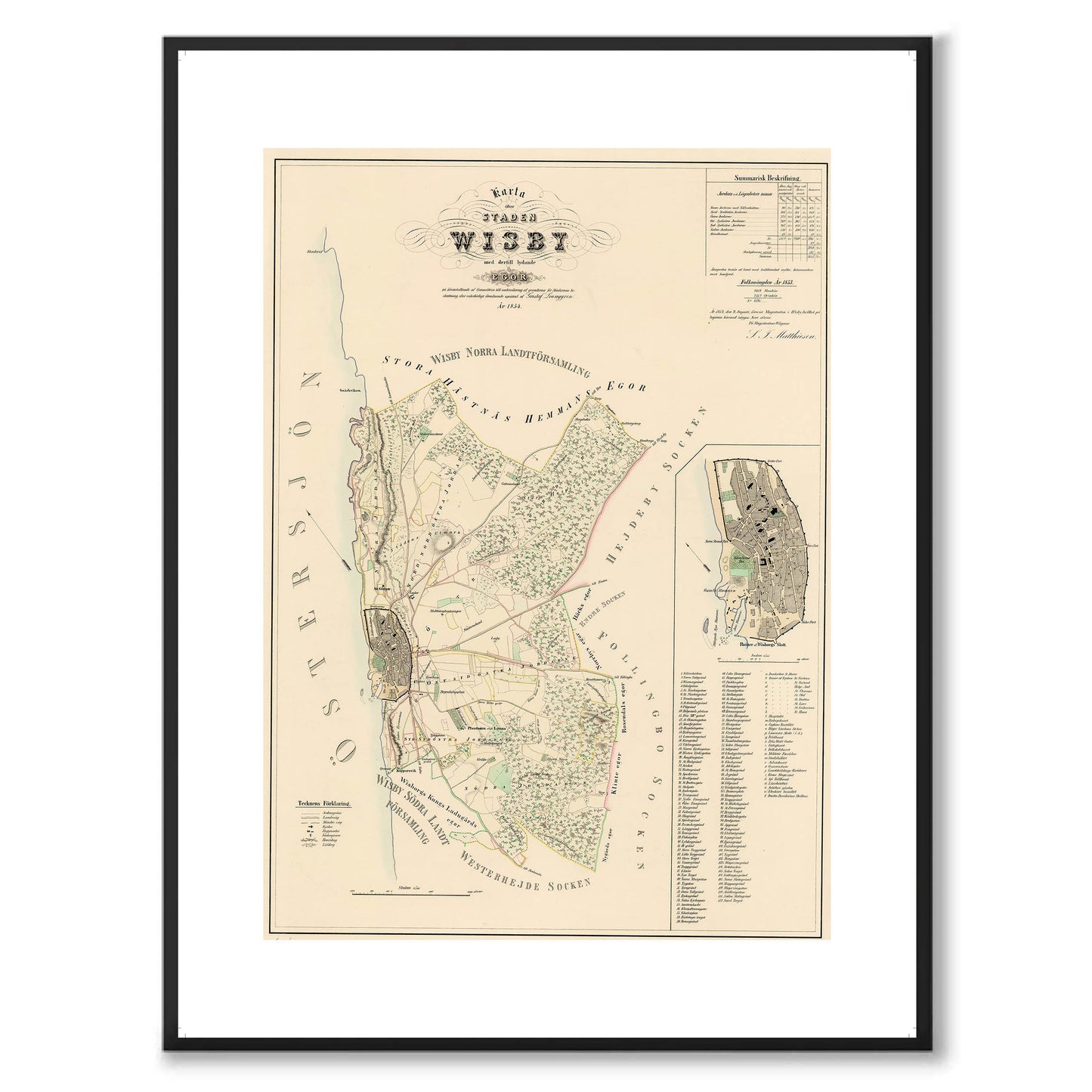 Poster med reproduktion av historisk karta över Visby från Ljunggrens klassiska atlas.