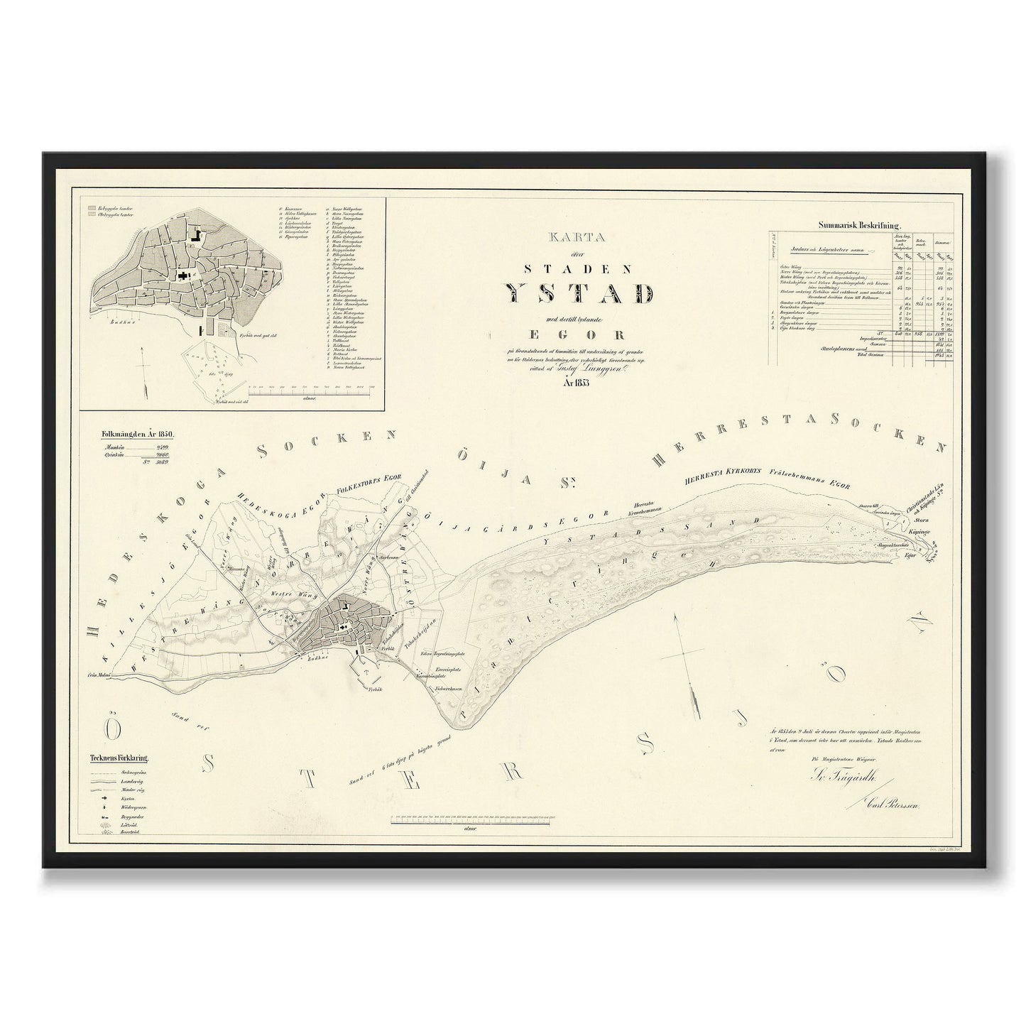 Poster med reproduktion av historisk karta över Ystad från Ljunggrens klassiska atlas.