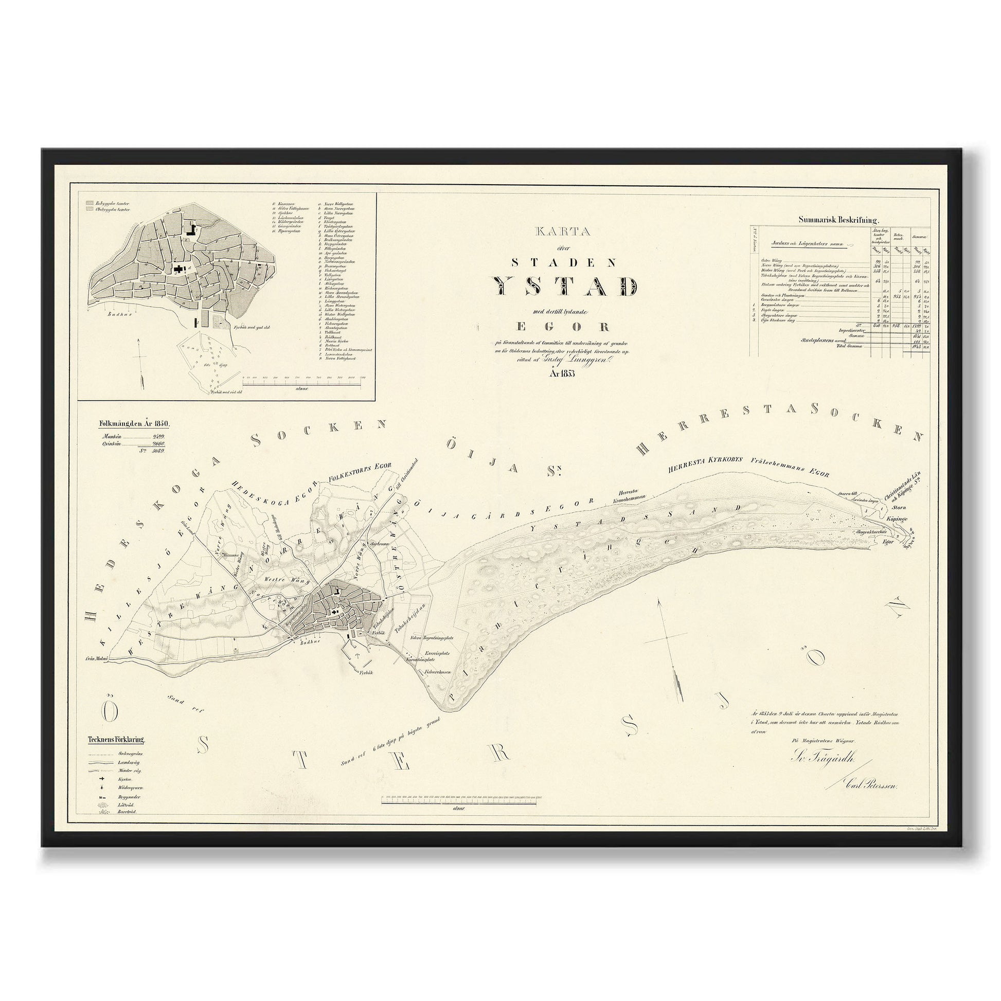 Poster med reproduktion av historisk karta över Ystad från Ljunggrens klassiska atlas.