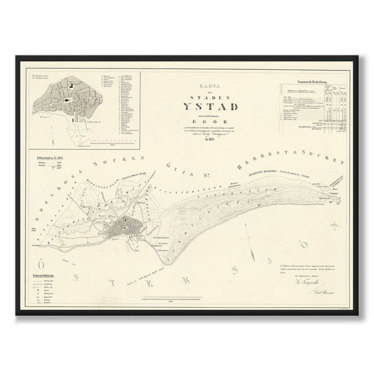 Poster med reproduktion av historisk karta över Ystad från Ljunggrens klassiska atlas.