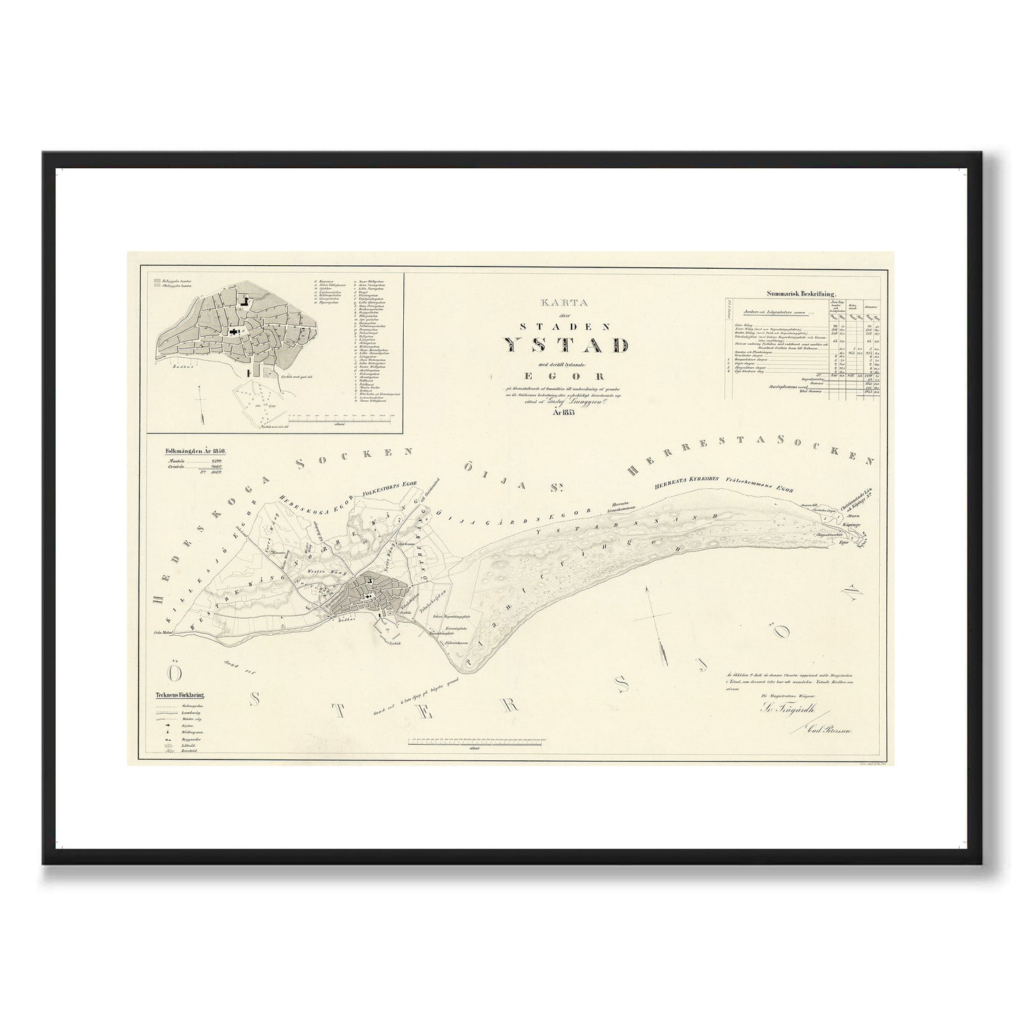 Poster med reproduktion av historisk karta över Ystad från Ljunggrens klassiska atlas.