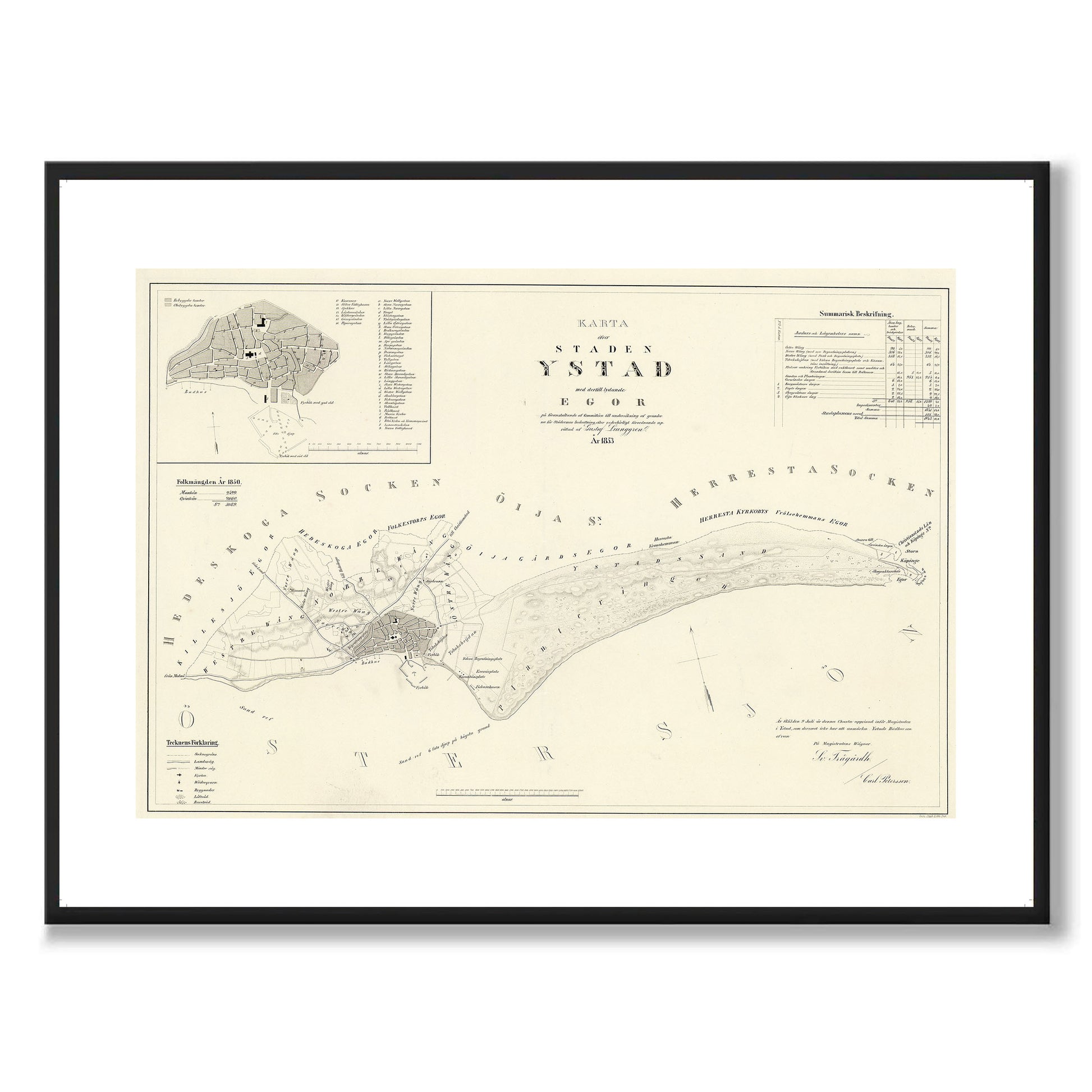 Poster med reproduktion av historisk karta över Ystad från Ljunggrens klassiska atlas.