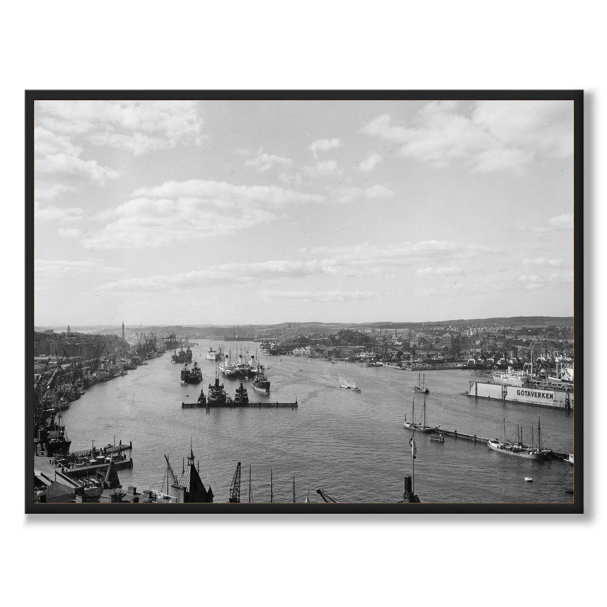 Poster fotografi utsikt hamnen Göteborg 1930-tal Götaverken Masthugget lyftkranar