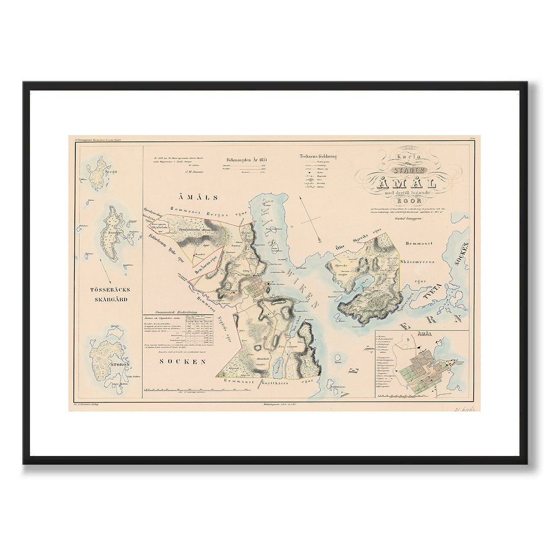 Poster med reproduktion av historisk karta över Alingsås från Ljunggrens klassiska atlas