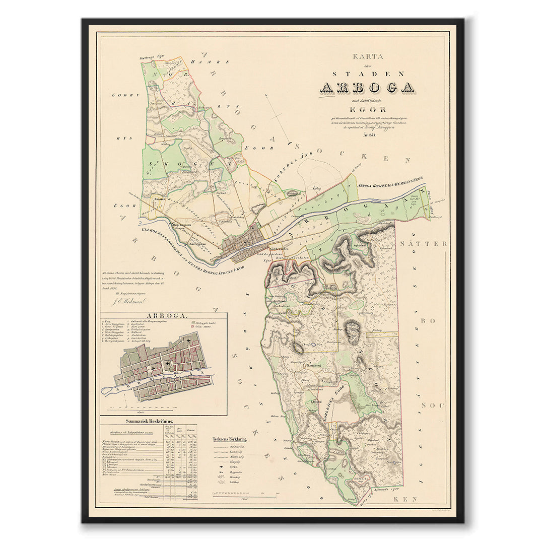 Poster med reproduktion av historisk karta över Arboga från Ljunggrens klassiska atlas.