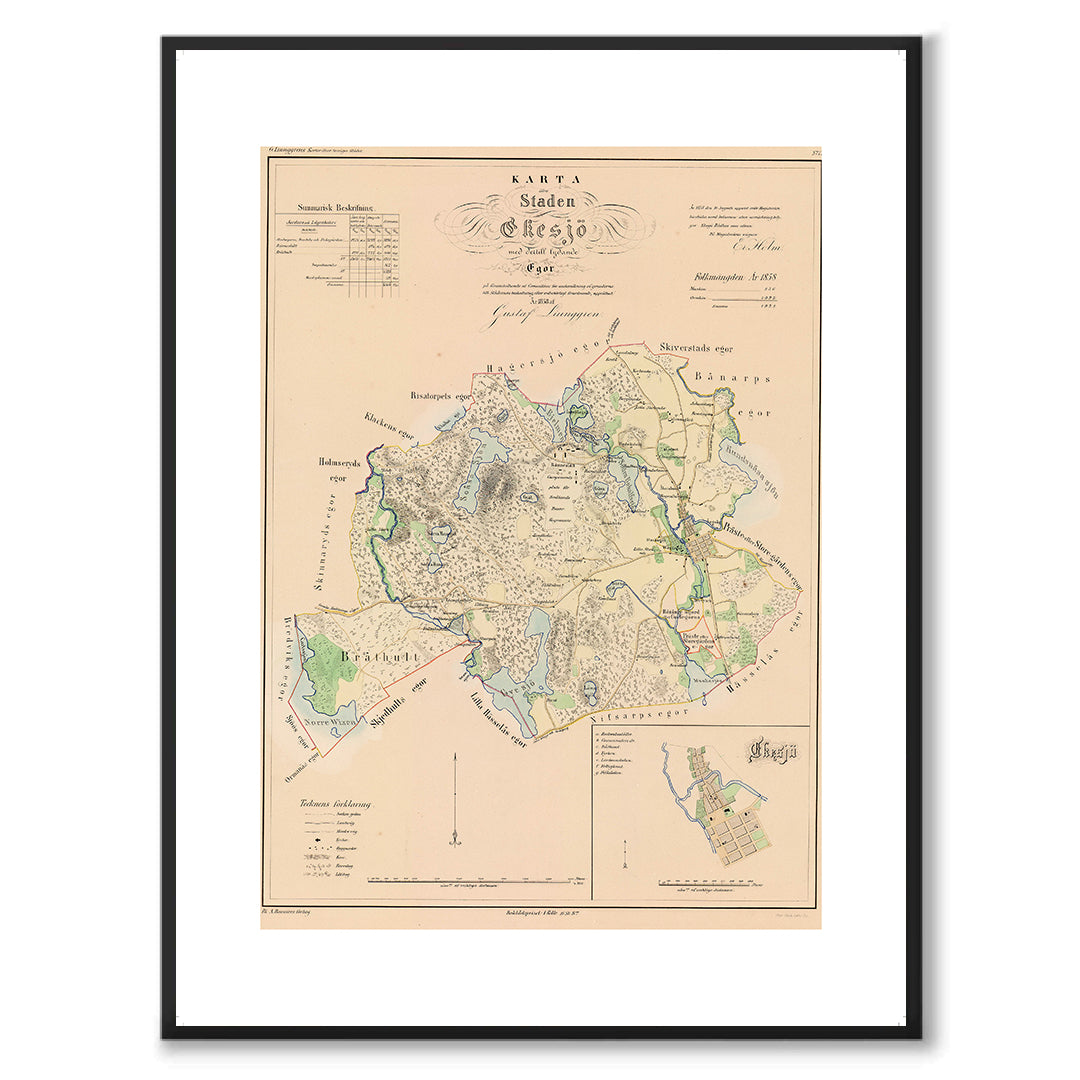 Poster med reproduktion av historisk karta över Eksjö från Ljunggrens klassiska atlas.