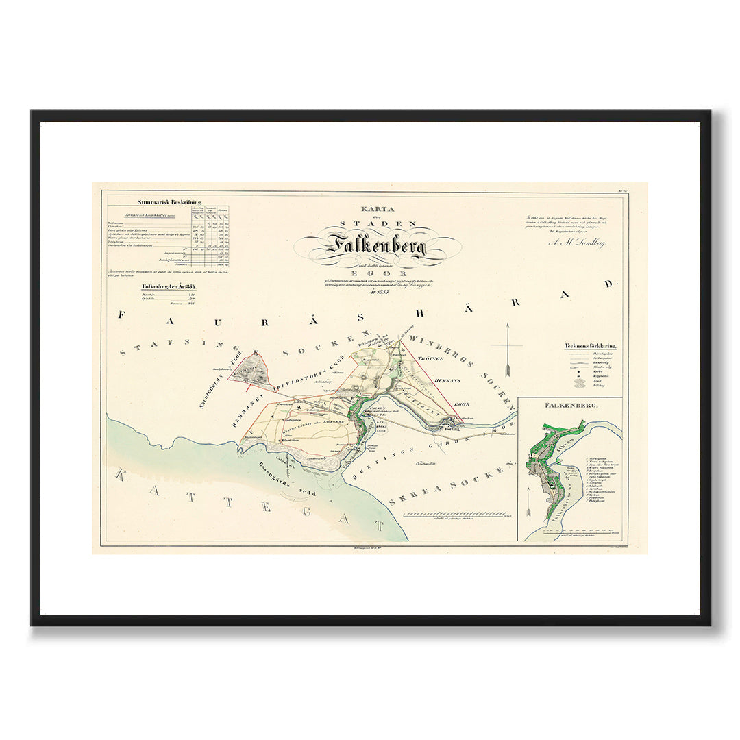 Poster med reproduktion av historisk karta över Falkenberg från Ljunggrens klassiska atlas. 