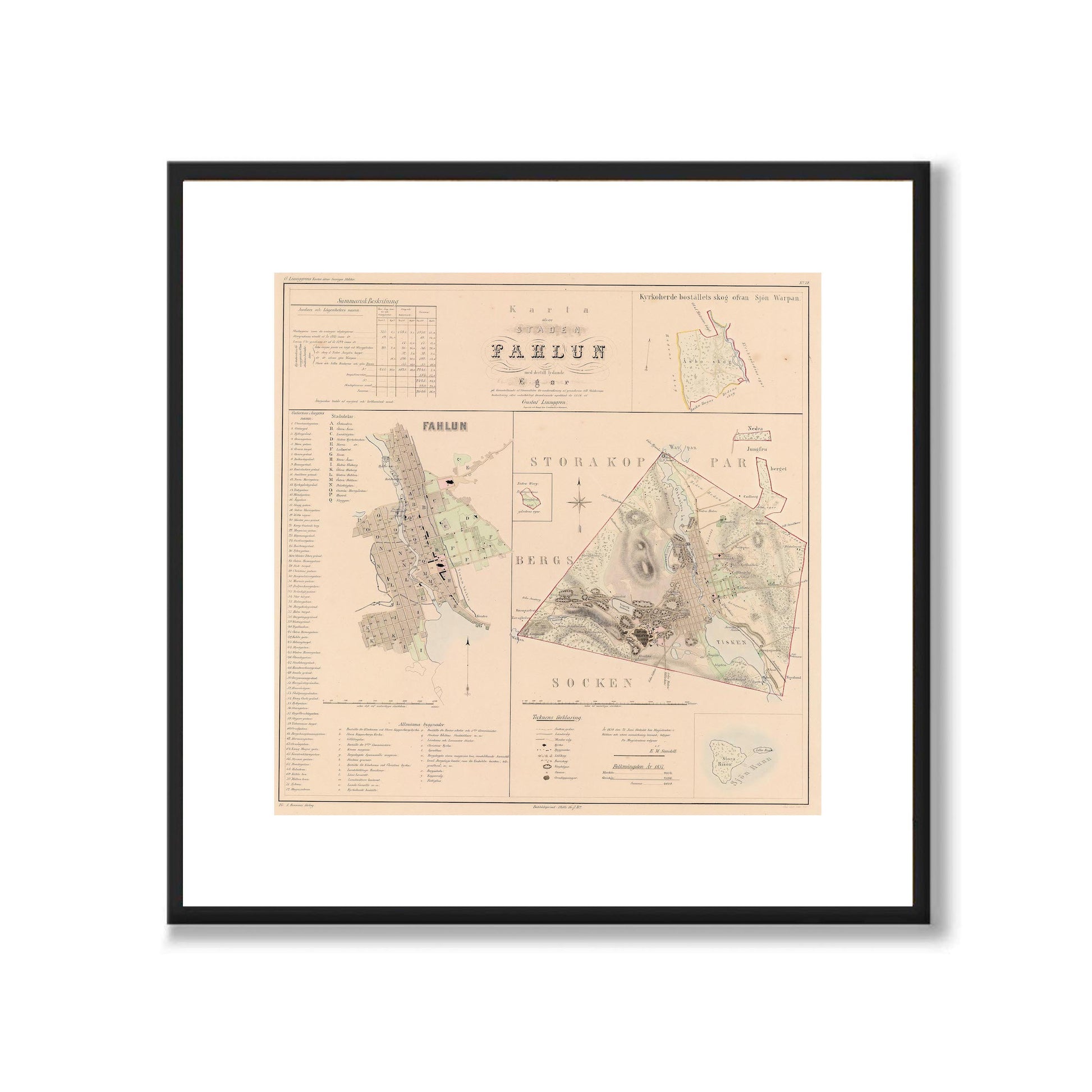 Poster med reproduktion av historisk karta över Falun från Ljunggrens klassiska atlas.