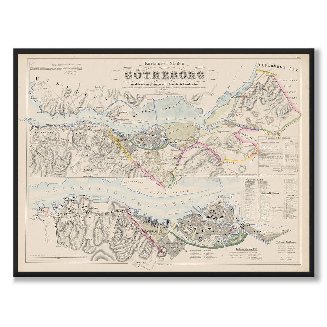 Poster med reproduktion av historisk karta över Göteborg från Ljunggrens klassiska atlas.