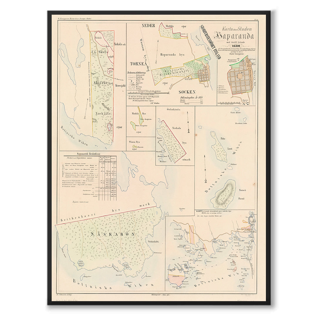 Poster med reproduktion av historisk karta över Haparanda från Ljunggrens klassiska atlas.
