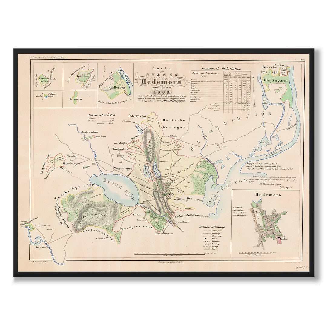 Poster med reproduktion av historisk karta över Hedemora från Ljunggrens klassiska atlas.