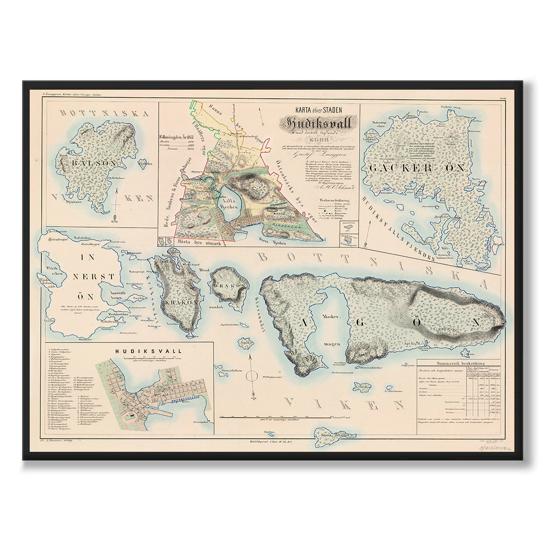 Poster med reproduktion av historisk karta över Hudiksvall från Ljunggrens klassiska atlas.