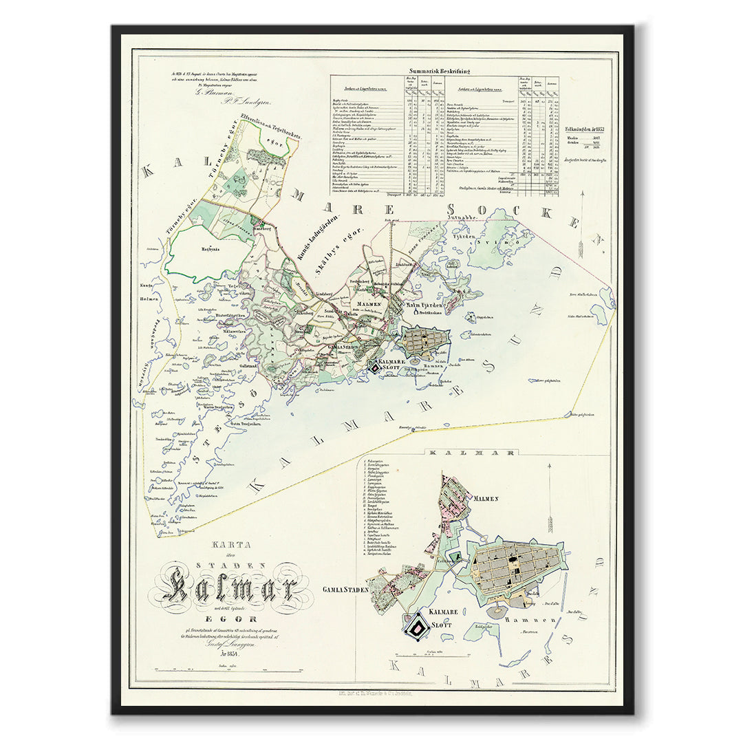 Poster med reproduktion av historisk karta över Kalmar från Ljunggrens klassiska atlas.