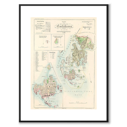 Poster med reproduktion av historisk karta över Karlskrona från Ljunggrens klassiska atlas.