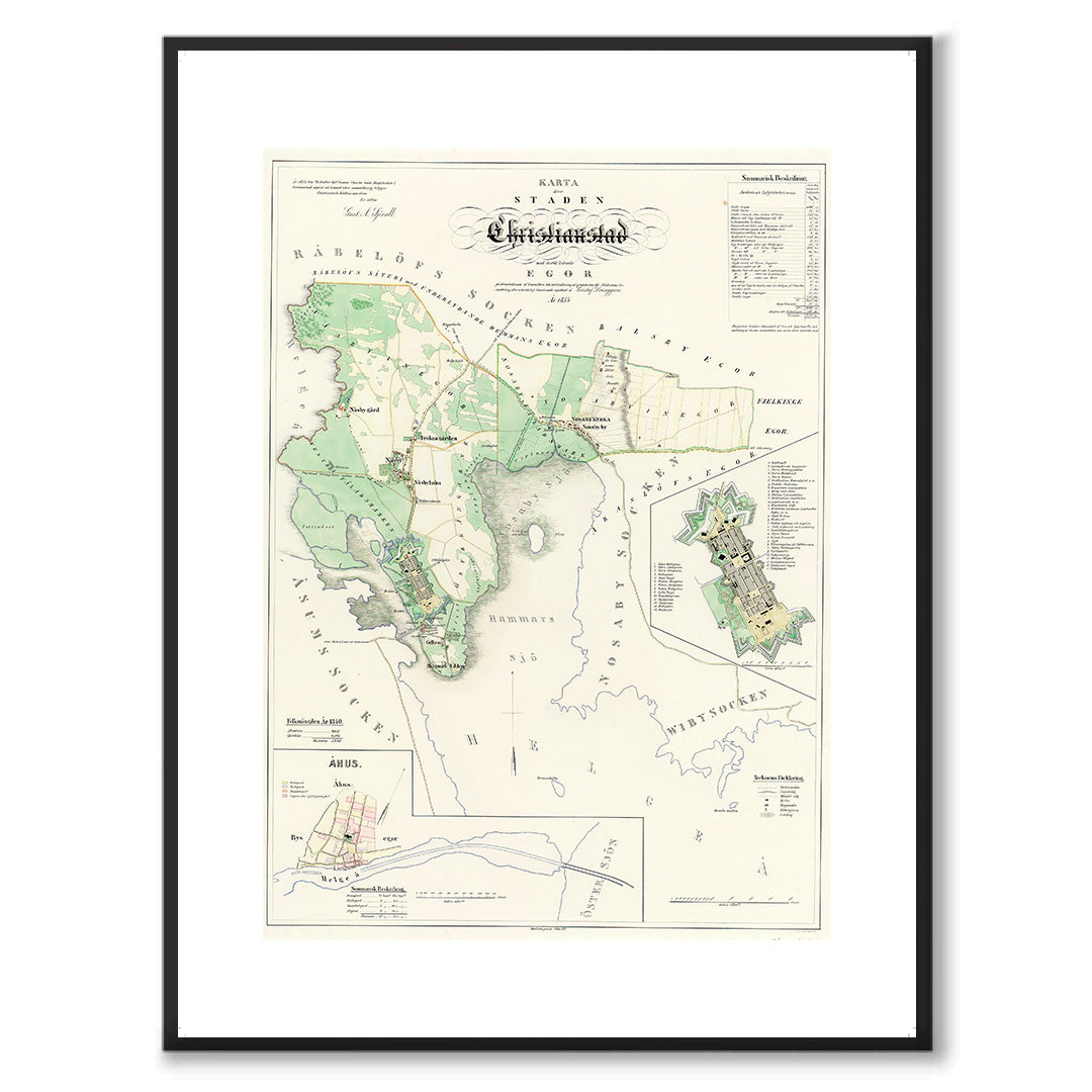 Poster med reproduktion av historisk karta över Kristianstad från Ljunggrens klassiska atlas.