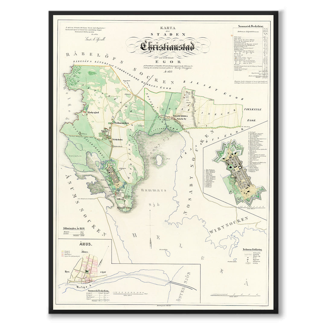 Poster med reproduktion av historisk karta över Kristianstad från Ljunggrens klassiska atlas.